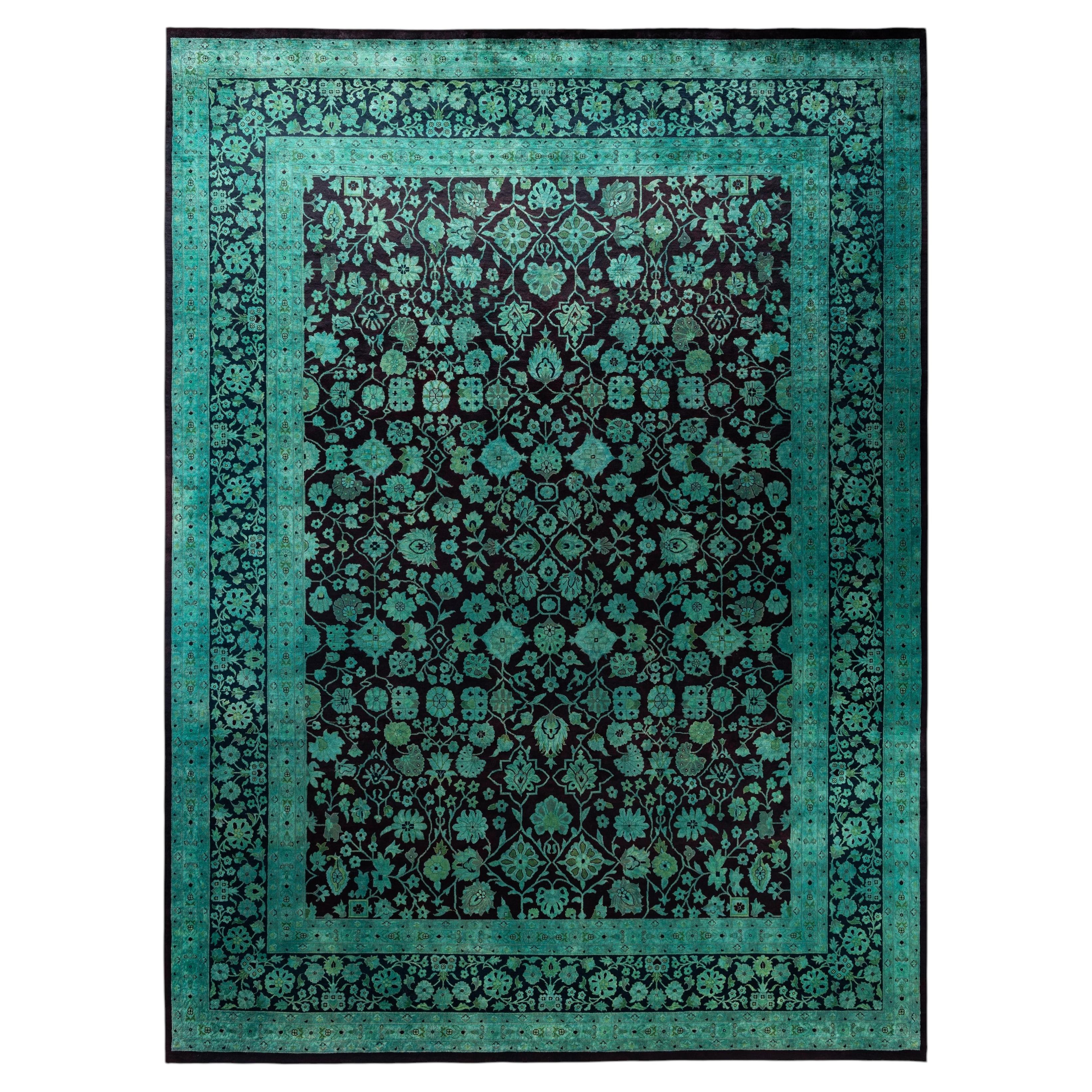 Overdyed Hand-Knotted Wool Modern-Contemporary Green Area Rug 9' 1" x 12' 4"