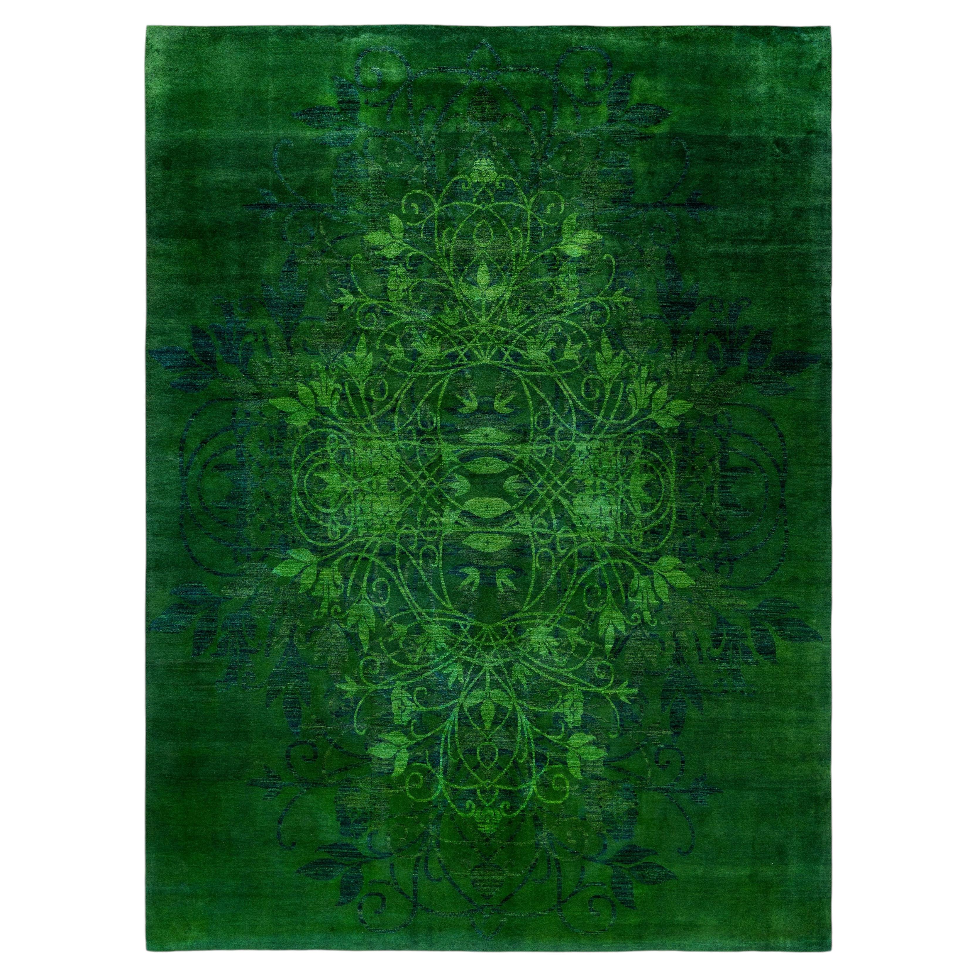 Alfombra de lana anudada a mano sobreteñida, moderna y contemporánea, verde 30 cm x 30 cm