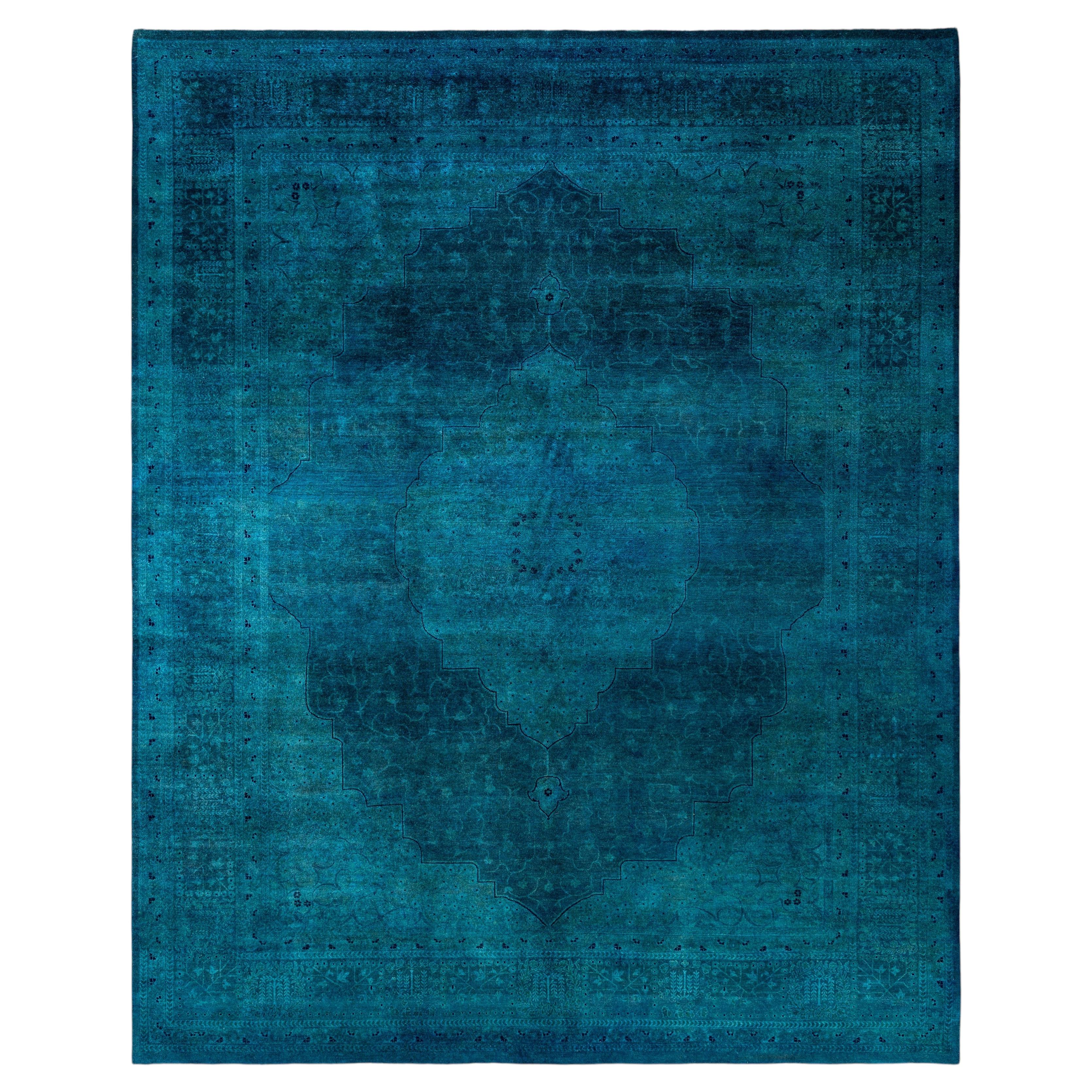 Overdyed Hand-Knotted Wool Modern-Contemporary Green Area Rug 9' 3" x 11' 7" For Sale