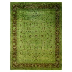 Overdyed Hand-Knotted Wool Modern-Contemporary Green Area Rug 9' 3" x 12' 2"