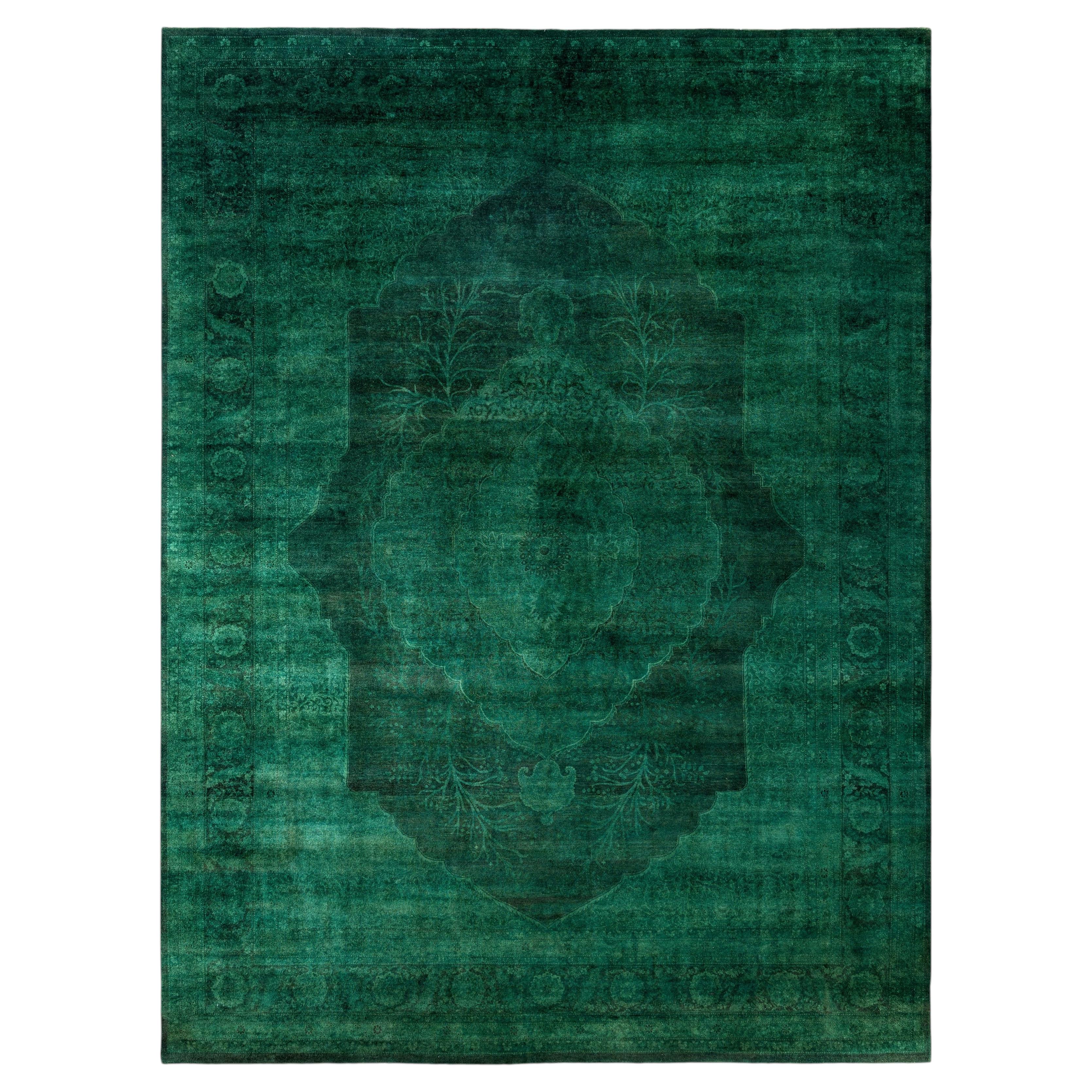 Overdyed Hand-Knotted Wool Modern-Contemporary Green Area Rug 9' 5" x 12' 9" For Sale