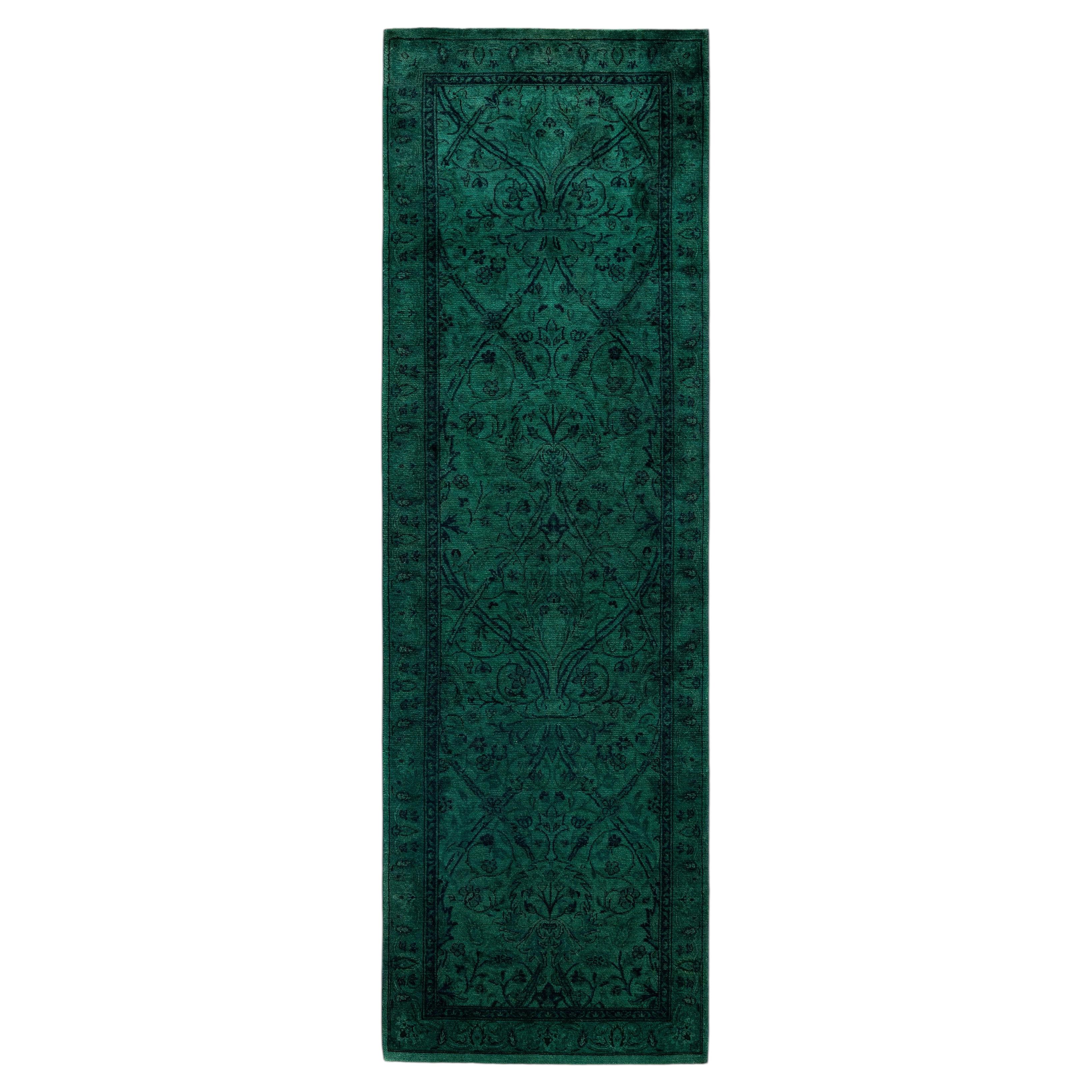 Overdyed Hand-Knotted Wool Modern-Contemporary Green Runner 2' 0" x 6' 8"