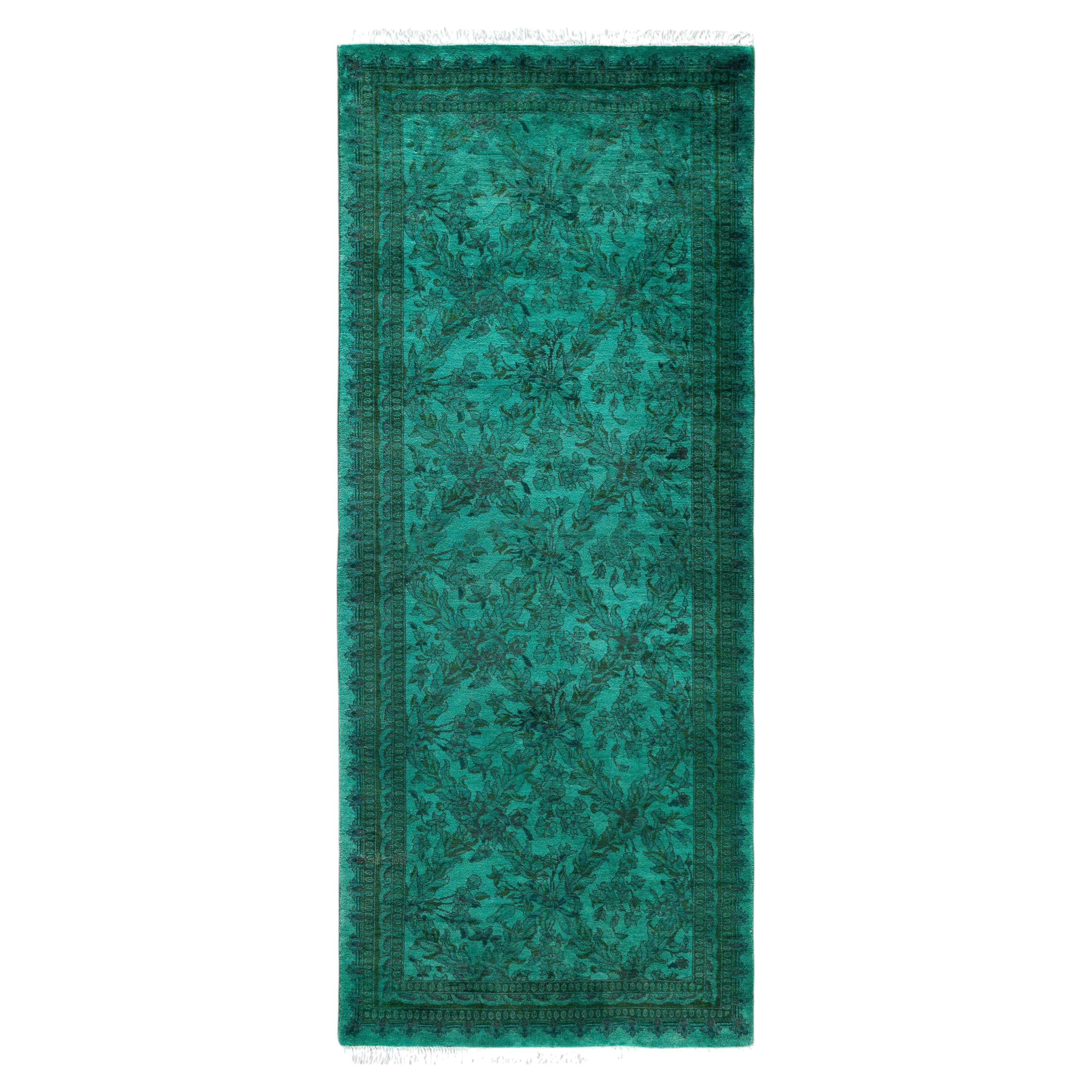 Overdyed Hand-Knotted Wool Modern-Contemporary Green Runner 2' 5" x 6' 1" For Sale