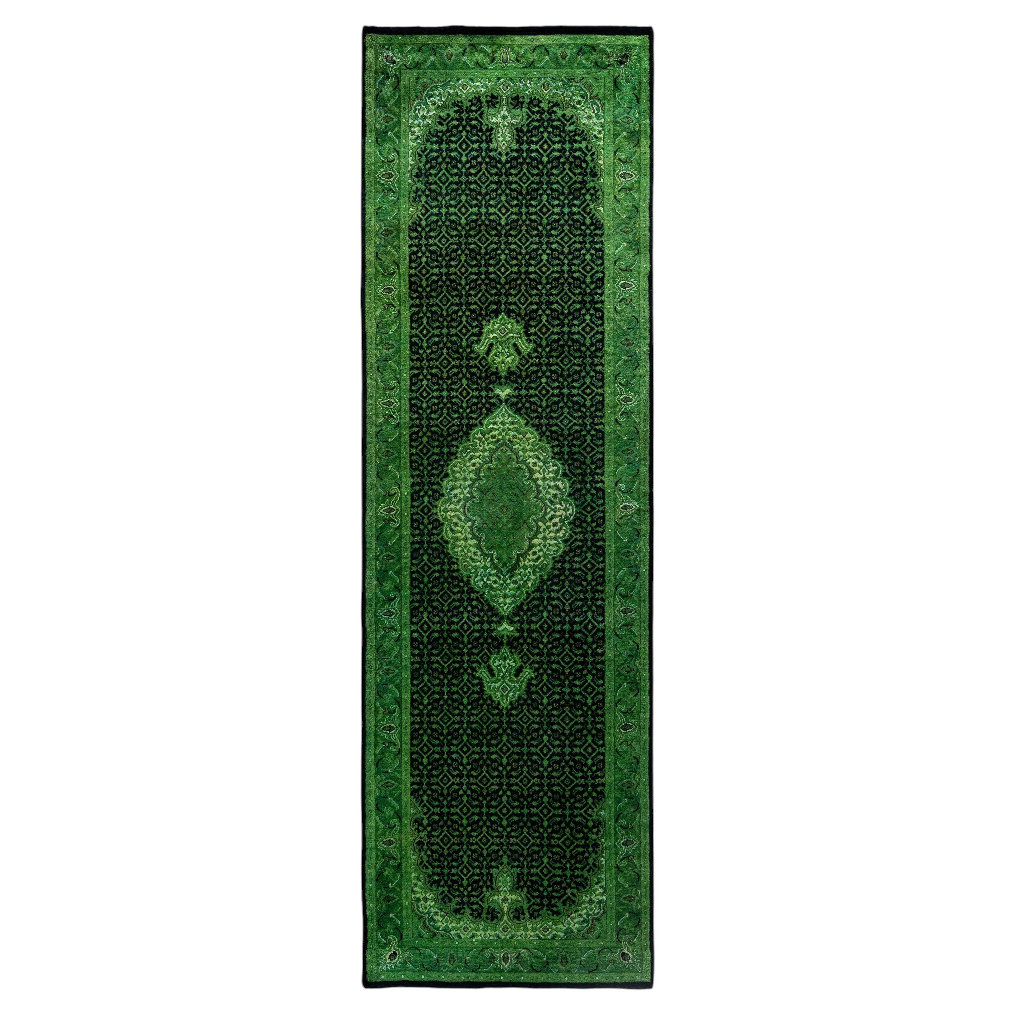 Overdyed Hand-Knotted Wool Modern-Contemporary Green Runner 2' 5" x 8' 3"