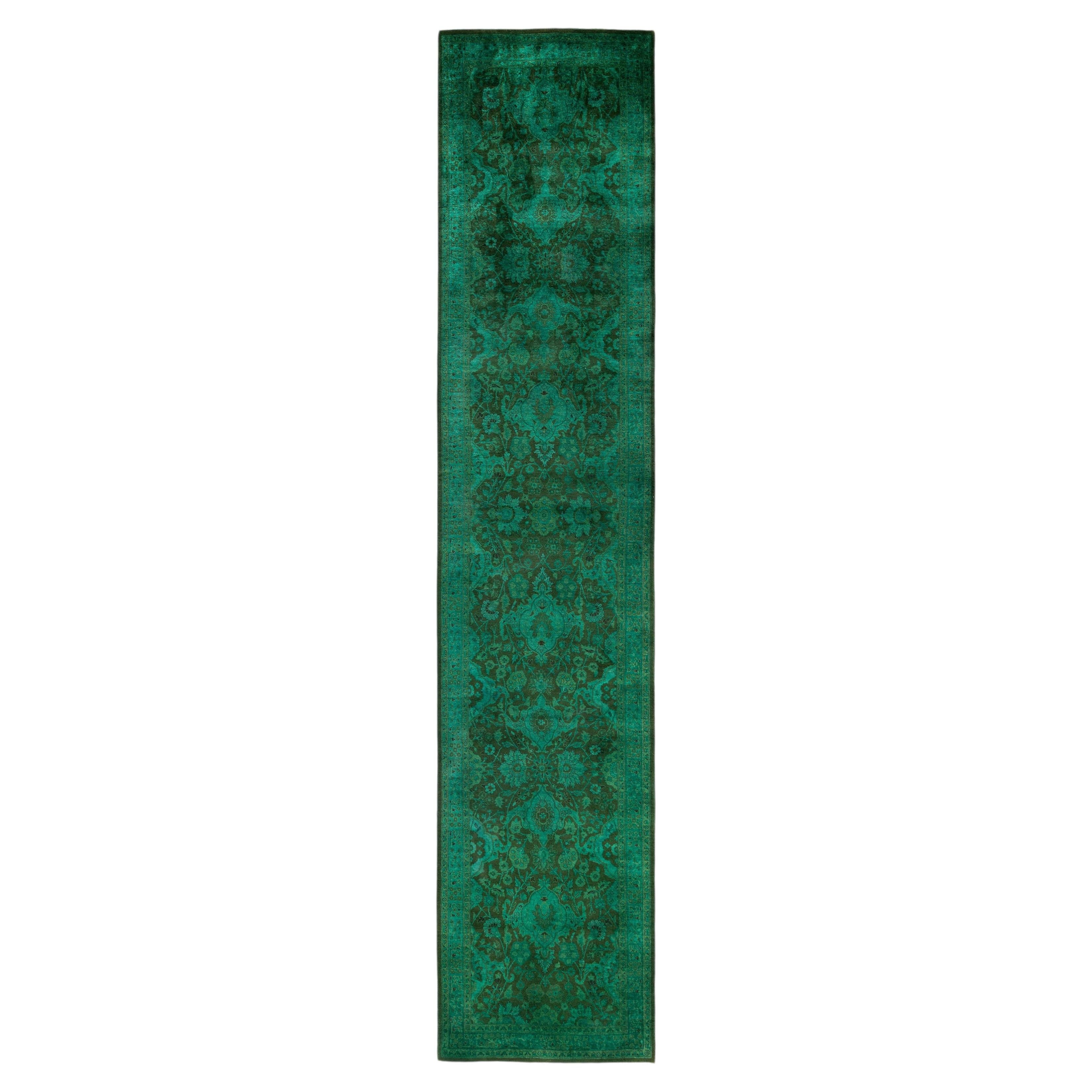 Overdyed Hand-Knotted Wool Modern-Contemporary Green Runner 2' 6" x 12' 3"