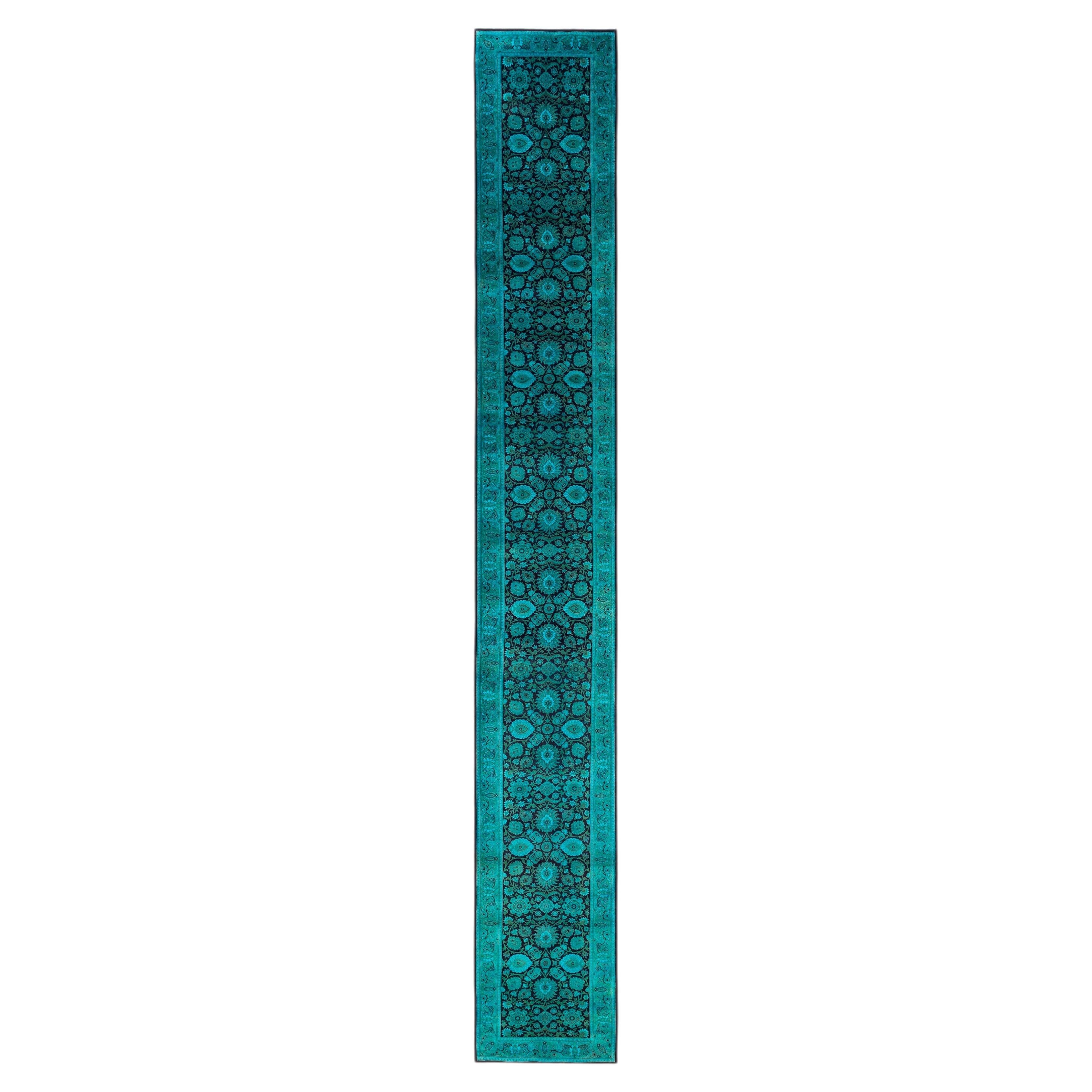 Overdyed Hand-Knotted Wool Modern-Contemporary Green Runner 2' 6" x 19' 7"