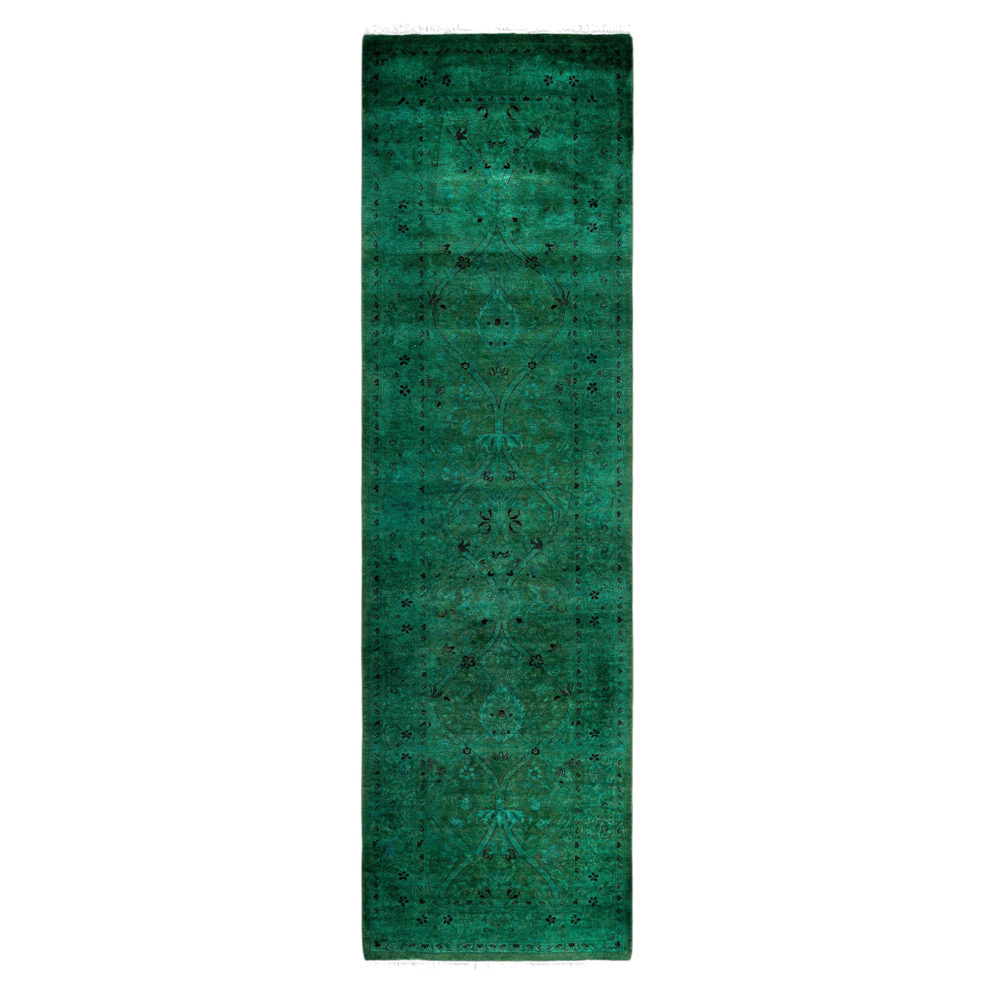 Overdyed Hand-Knotted Wool Modern-Contemporary Green Runner 2' 6" x 8' 9"
