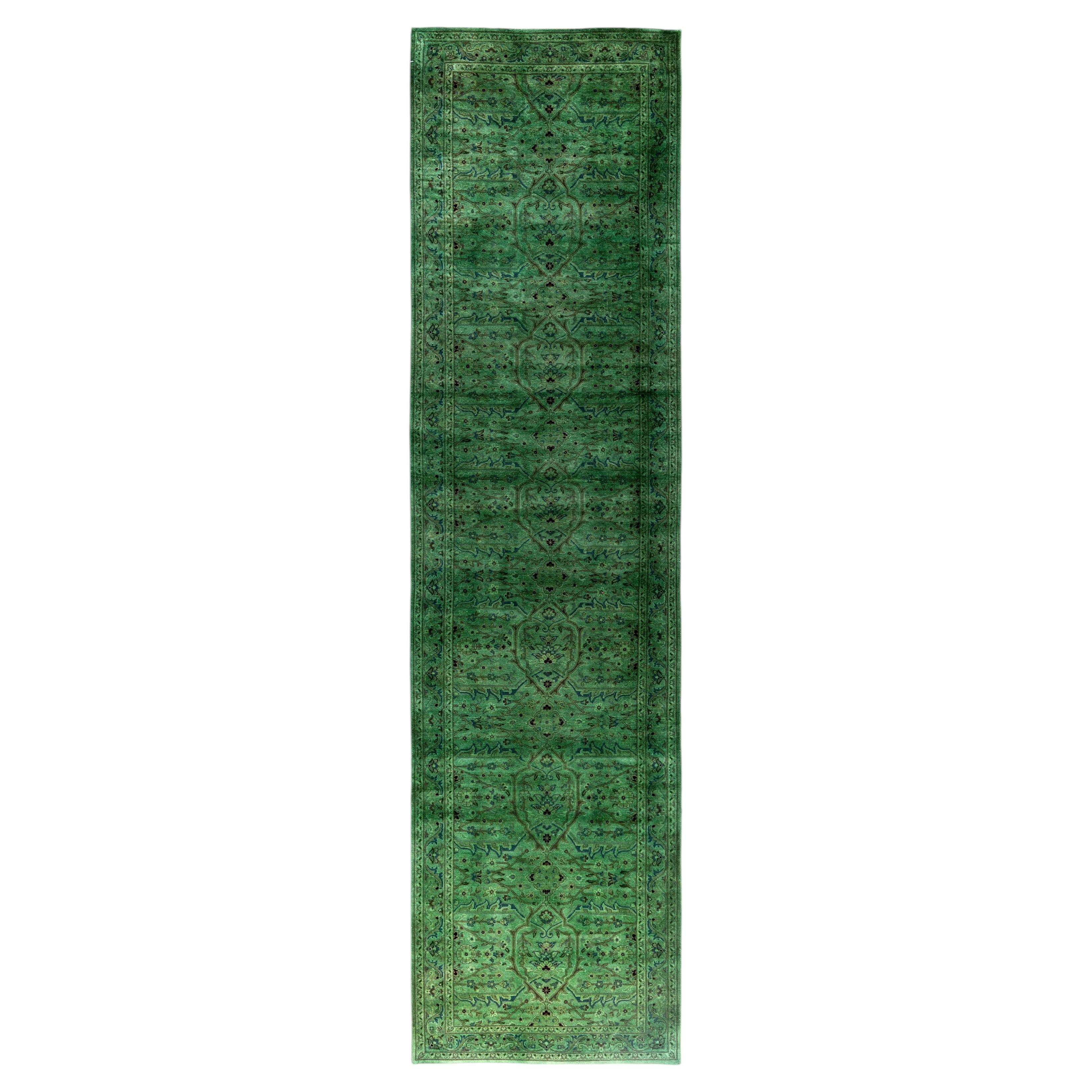 Overdyed Hand-Knotted Wool Modern-Contemporary Green Runner 2' 7" x 10' 3"
