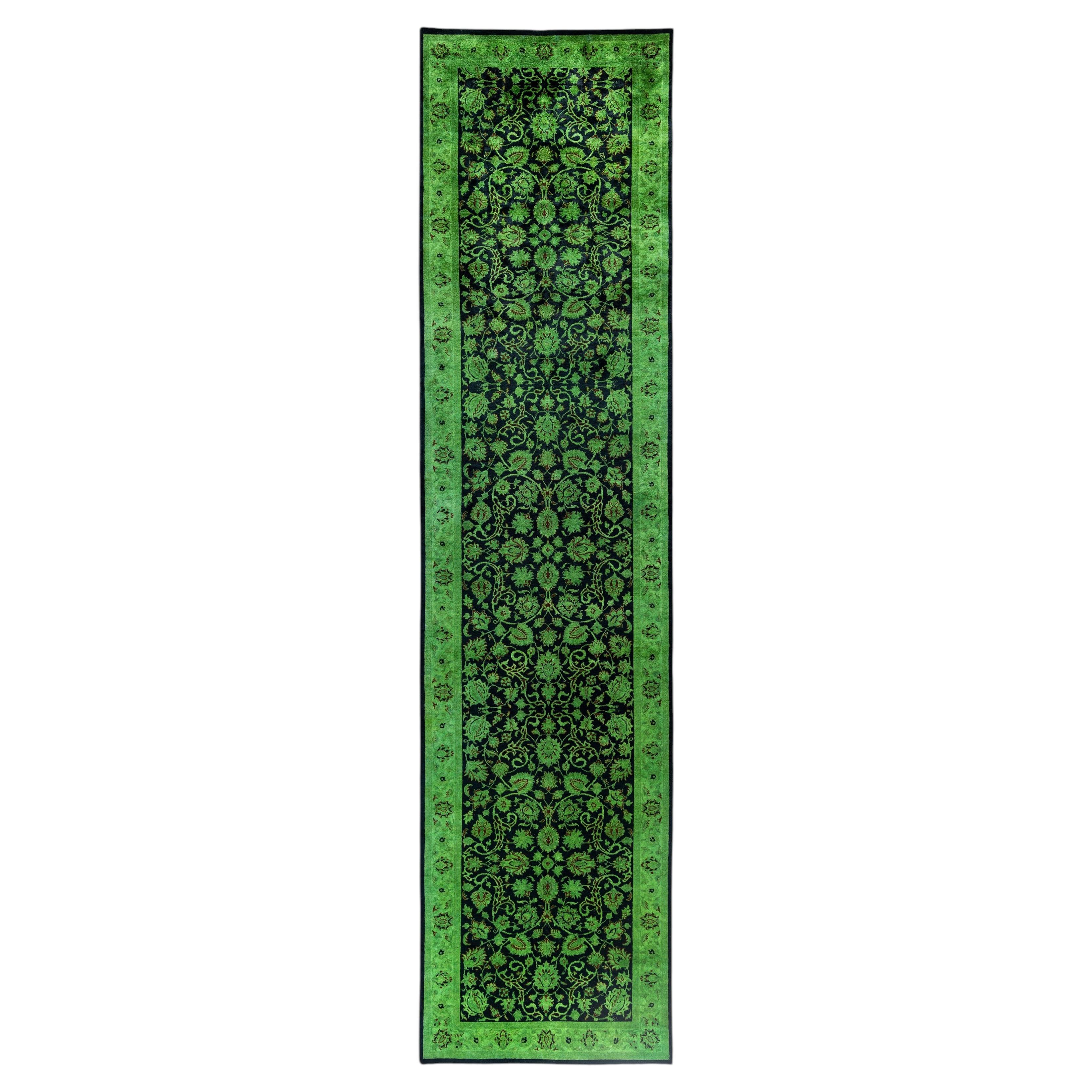Overdyed Hand-Knotted Wool Modern-Contemporary Green Runner 2' 7" x 10' 7" For Sale