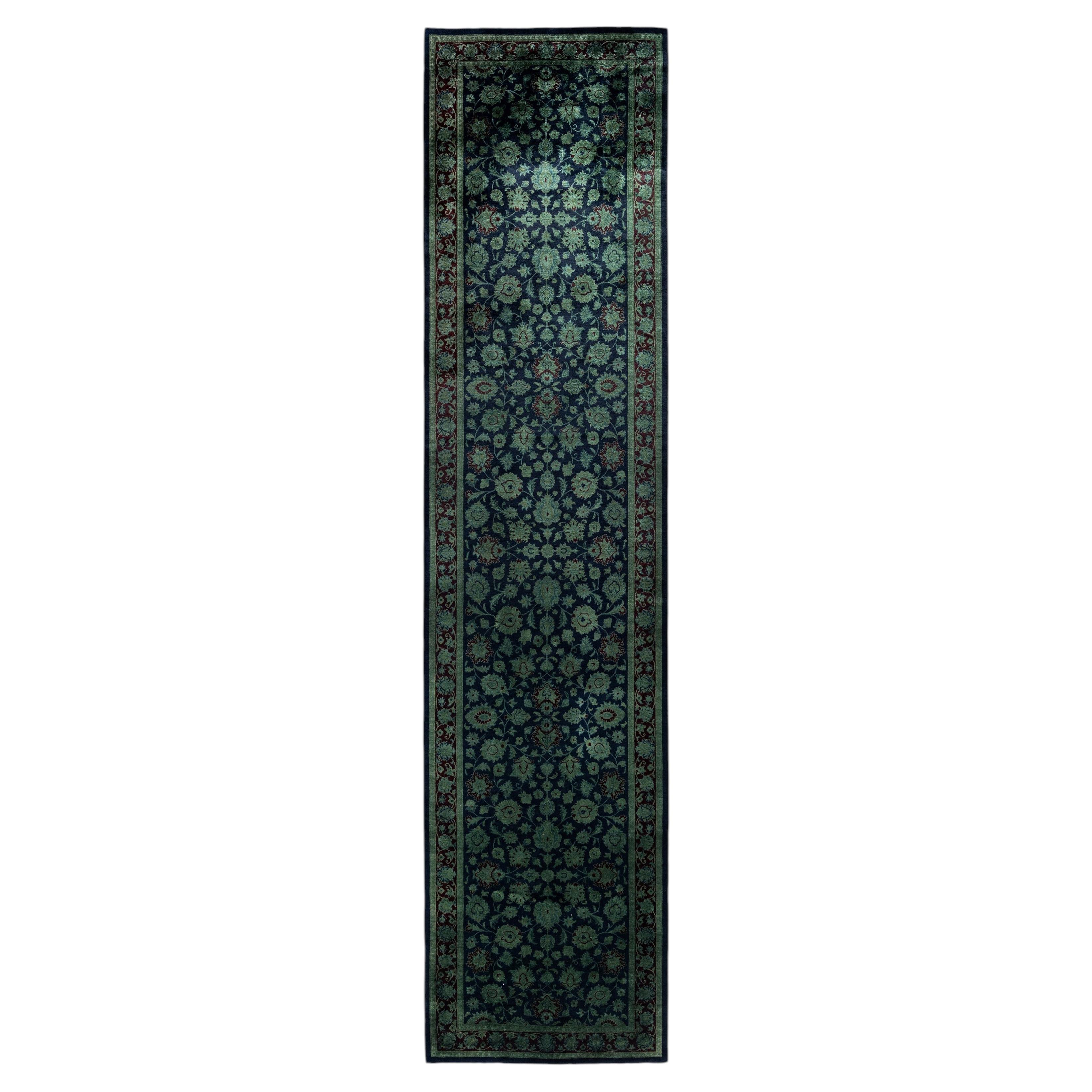Overdyed Hand-Knotted Wool Modern-Contemporary Green Runner 2' 7" x 11' 3"