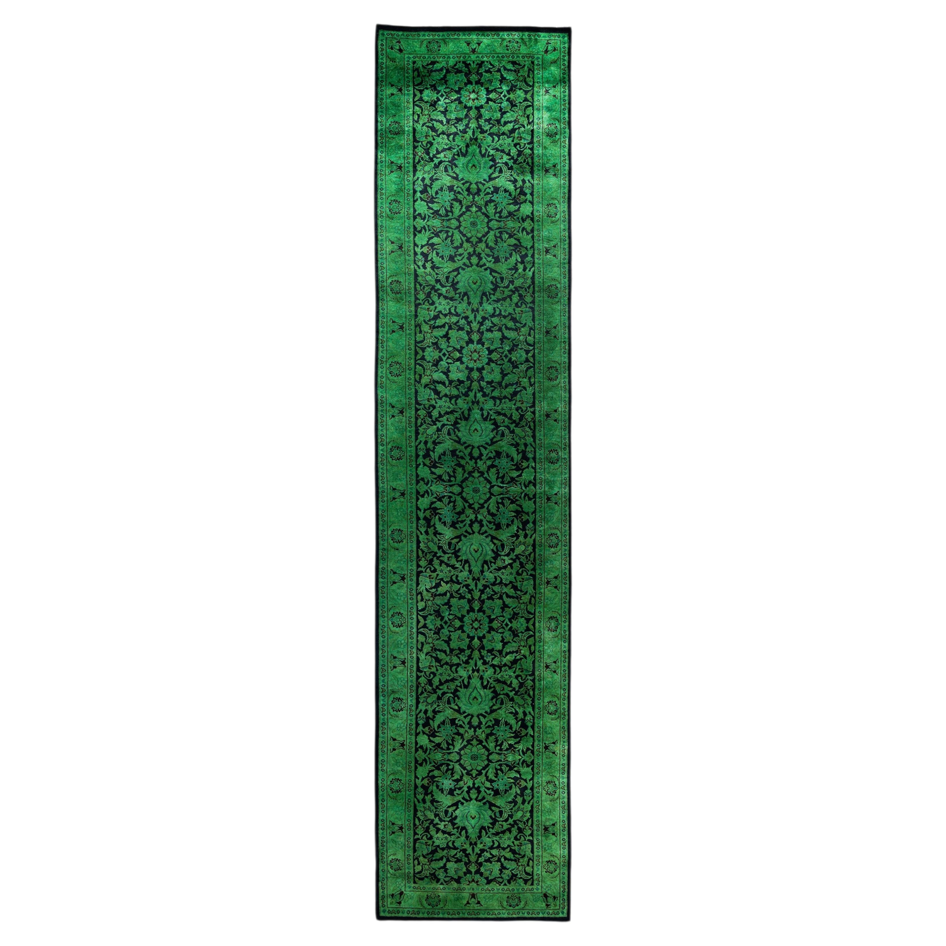 Overdyed Hand-Knotted Wool Modern-Contemporary Green Runner 2' 7" x 12' 5" For Sale
