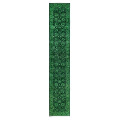 Overdyed Hand-Knotted Wool Modern-Contemporary Green Runner 2' 7" x 14' 7"