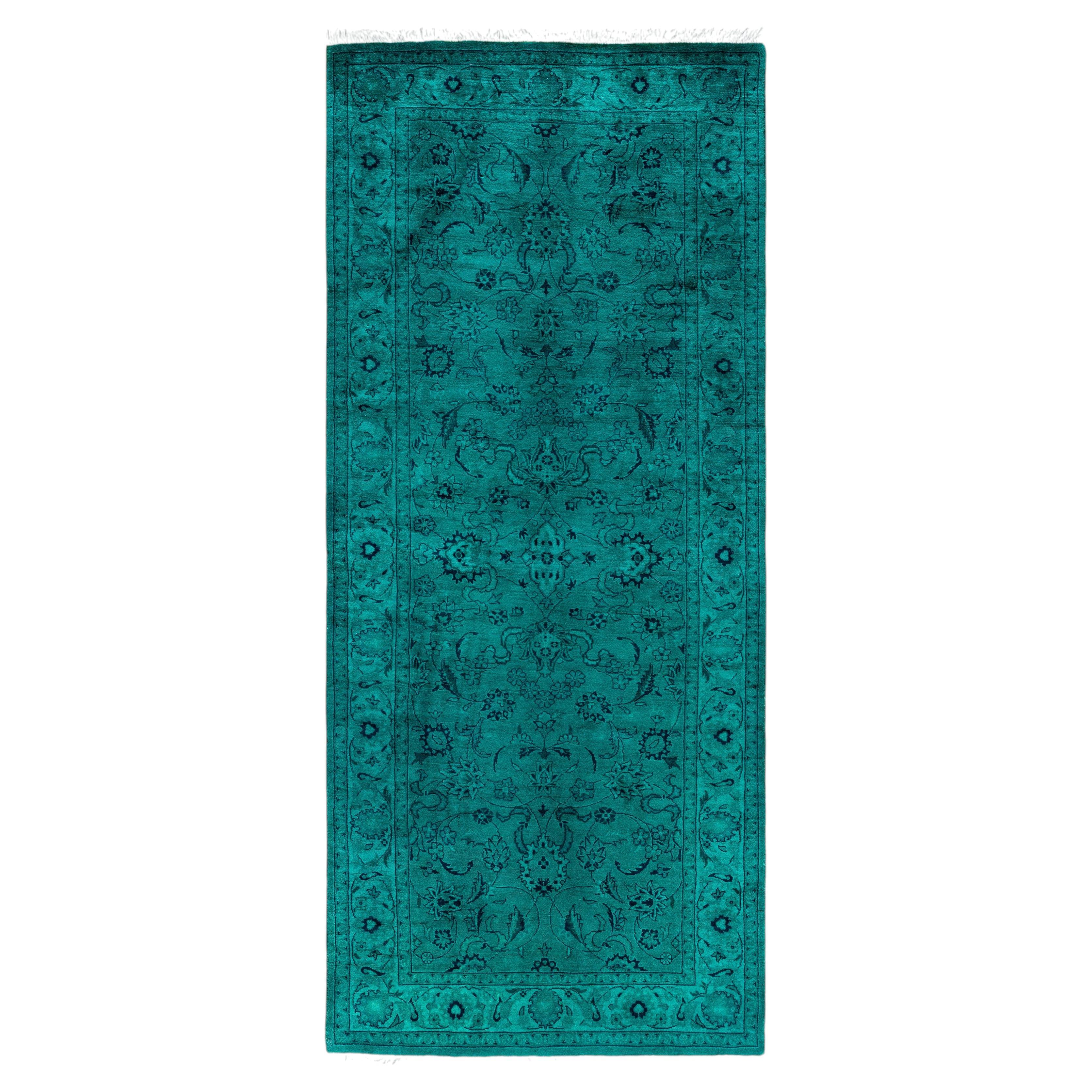 Overdyed Hand-Knotted Wool Modern-Contemporary Green Runner 2' 7" x 6' 2"
