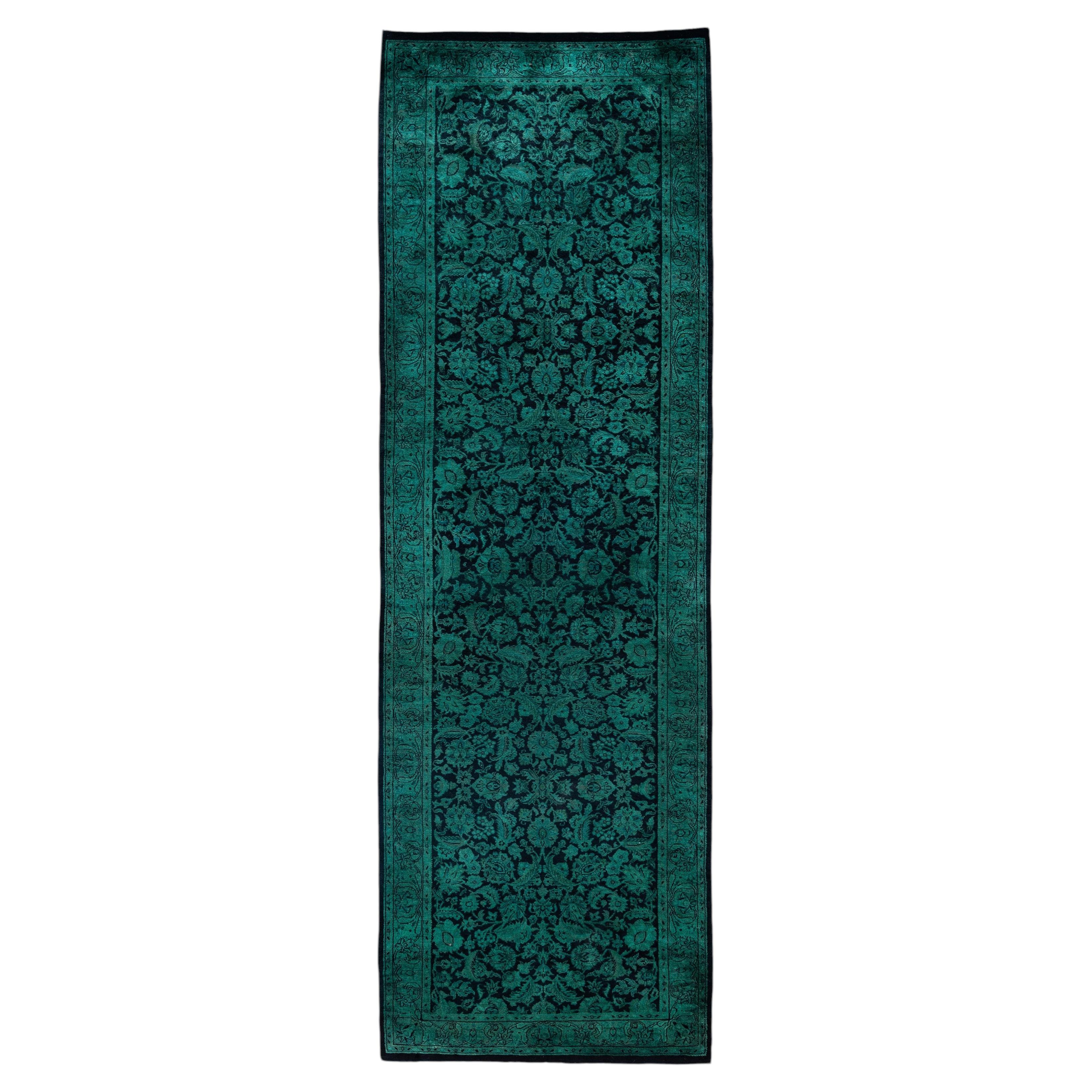 Overdyed Hand-Knotted Wool Modern-Contemporary Green Runner 2' 7" x 8' 3" For Sale