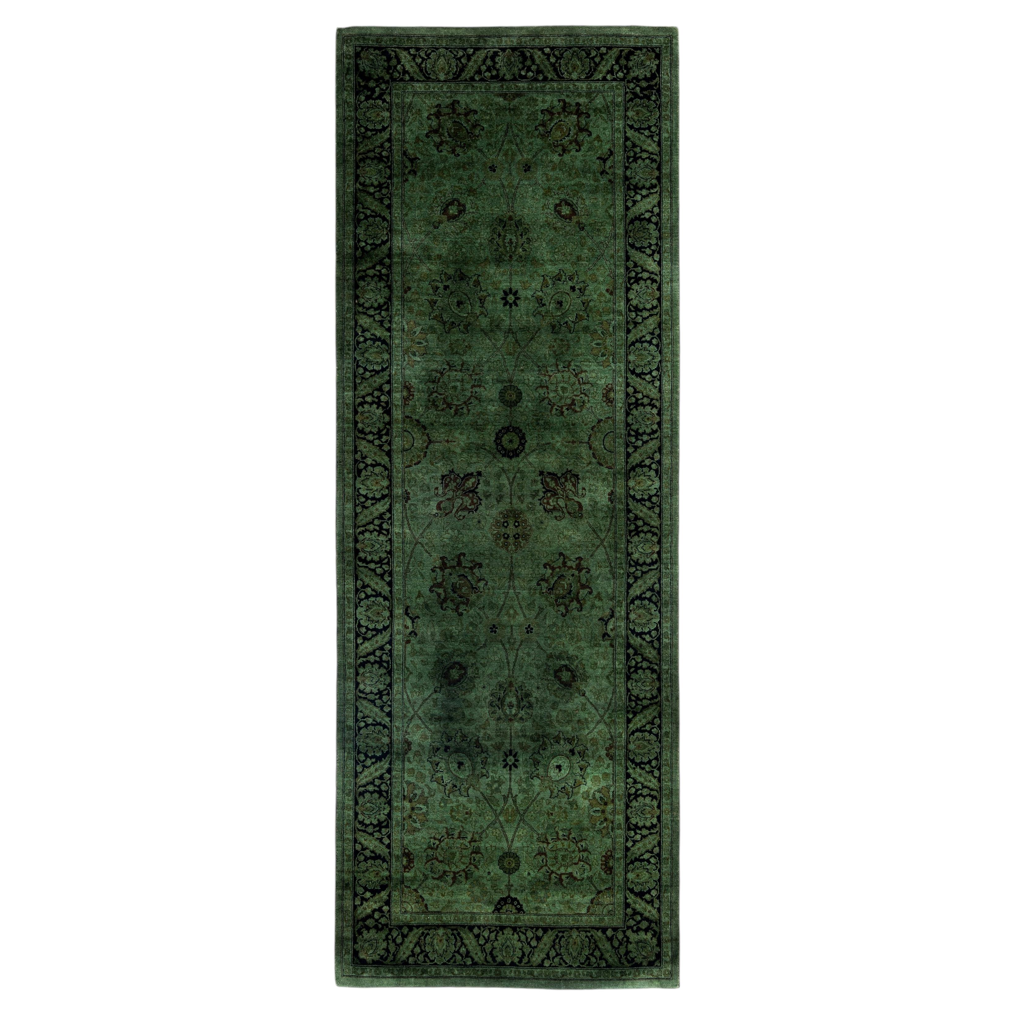 Overdyed Hand-Knotted Wool Modern-Contemporary Green Runner 3' 0" x 8' 9"