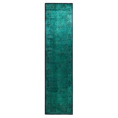Overdyed Hand-Knotted Wool Modern-Contemporary Green Runner 3' 2" x 12' 4"