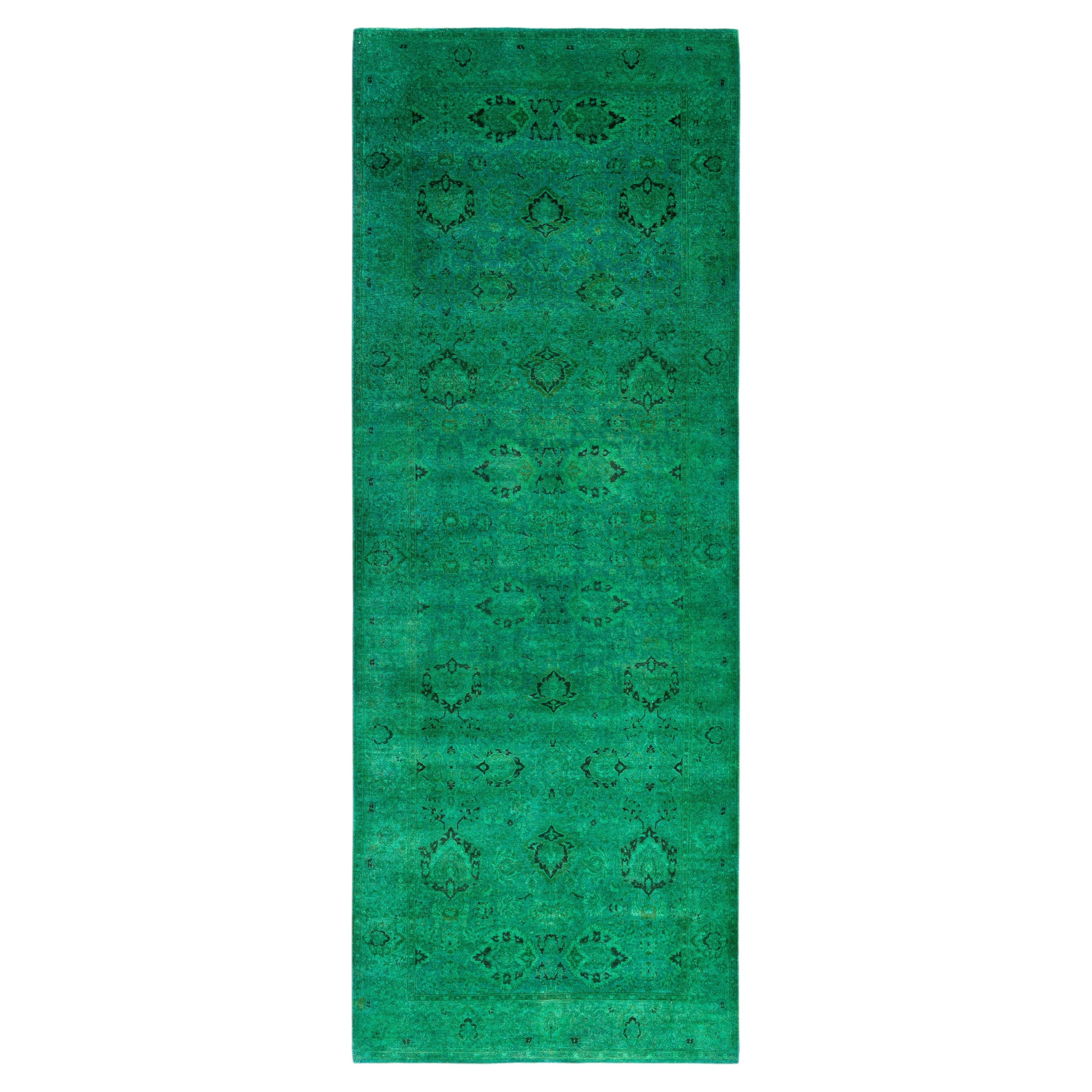 Overdyed Hand-Knotted Wool Modern-Contemporary Green Runner 4' 1" x 10' 10" For Sale