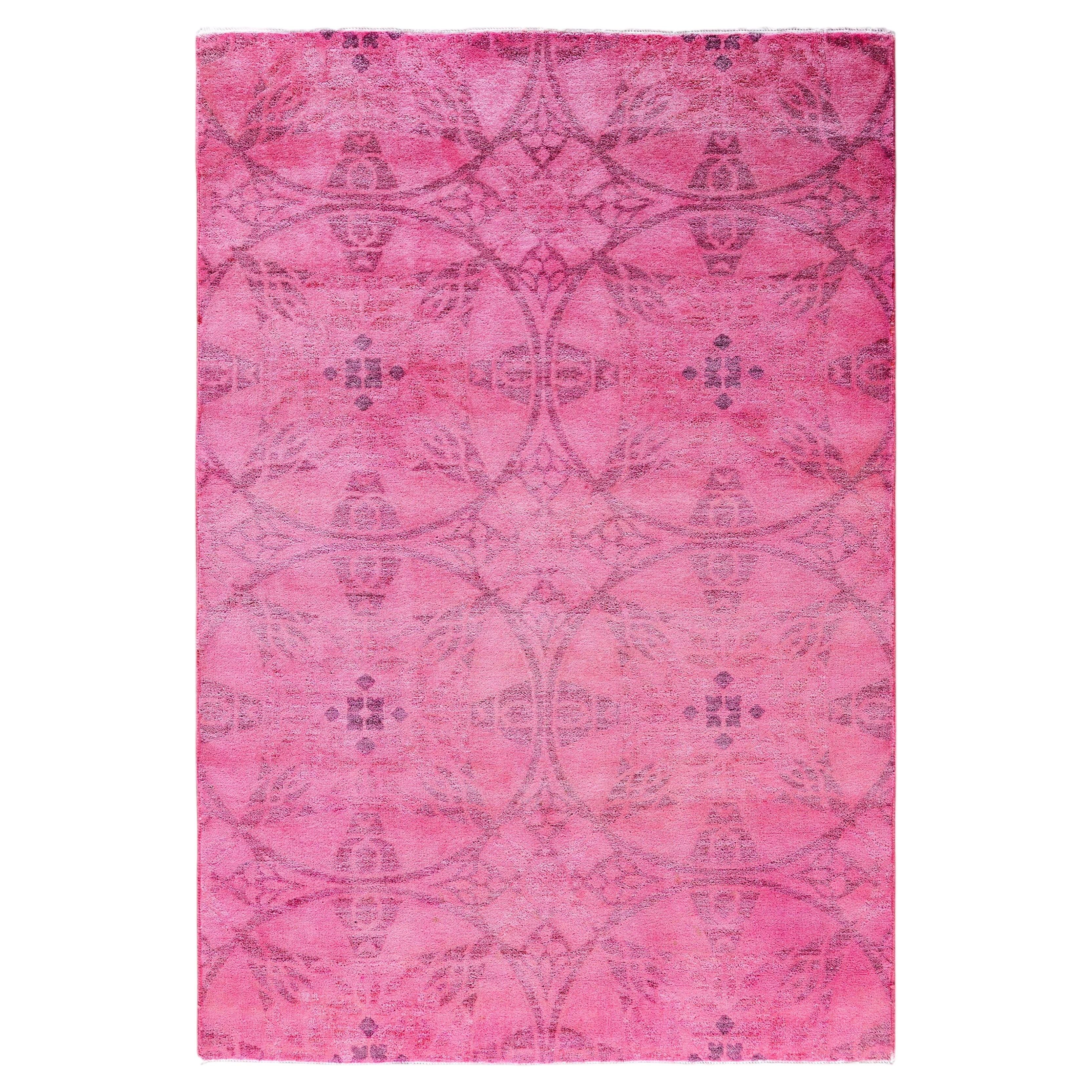 Overdyed Hand-Knotted Wool Modern-Contemporary Pink Area Rug 4' 1" x 6' 1"