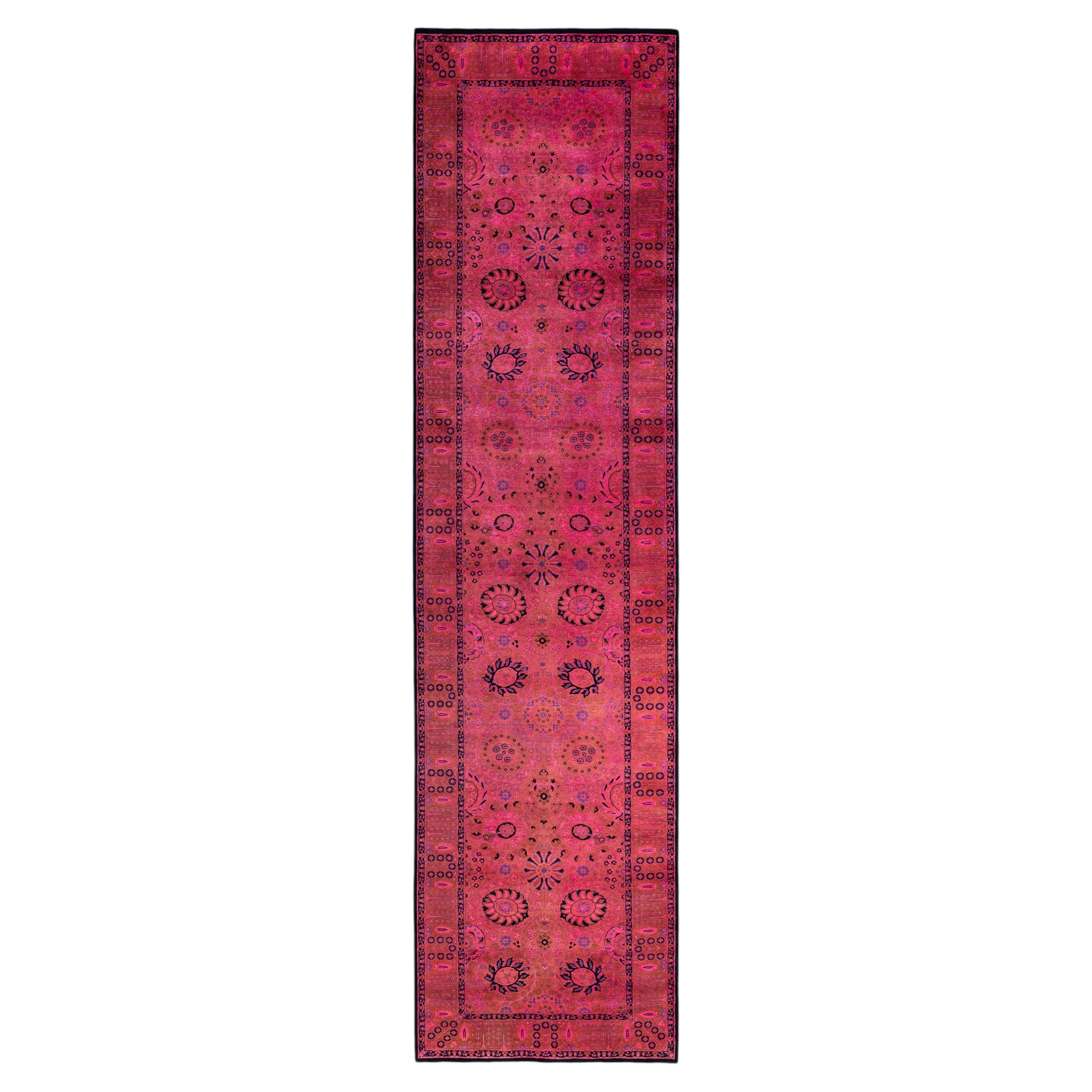 Overdyed Hand-Knotted Wool Modern-Contemporary Pink Runner 3' 1" x 12' 7" For Sale