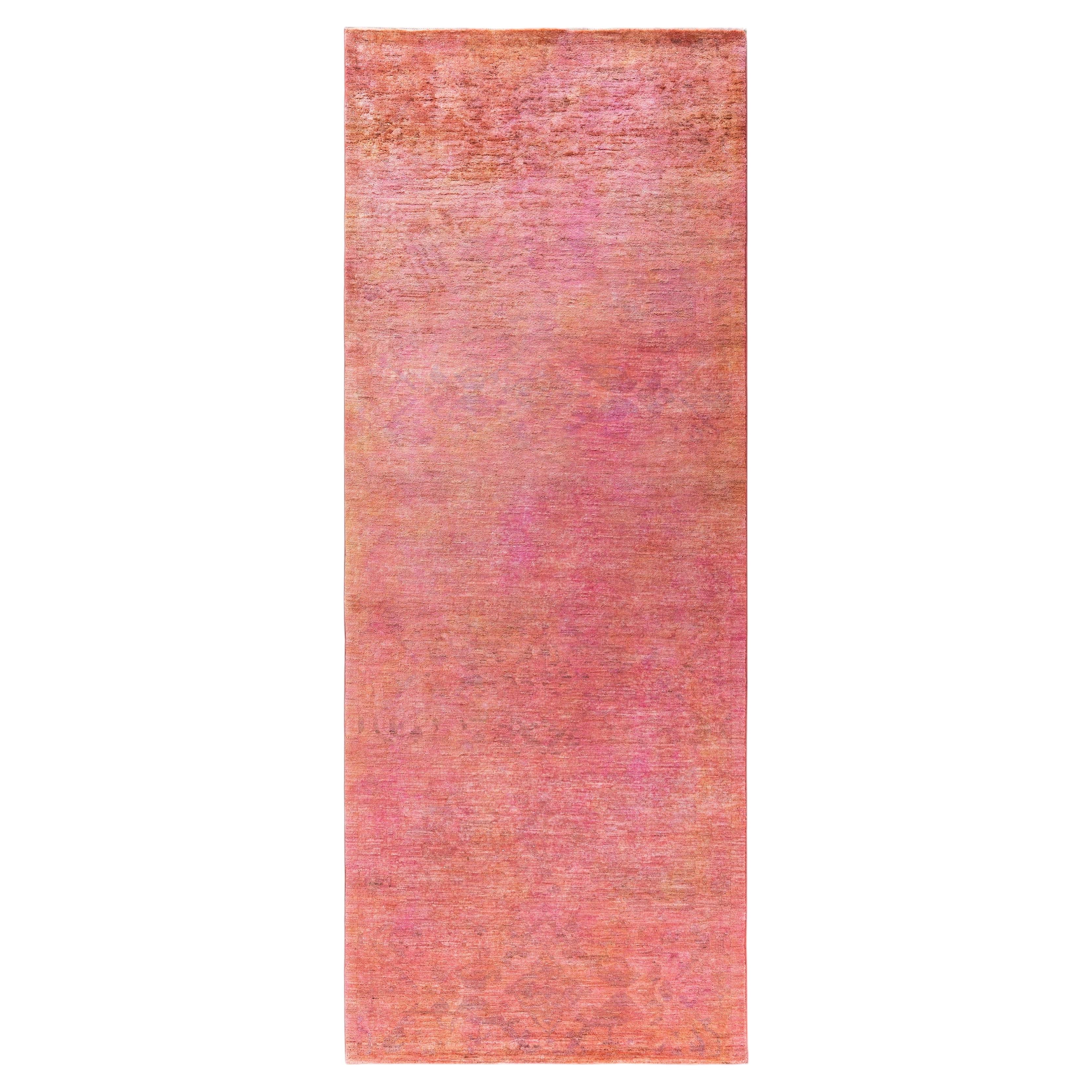 Overdyed Hand-Knotted Wool Modern-Contemporary Pink Runner 4' 0" x 10' 4"