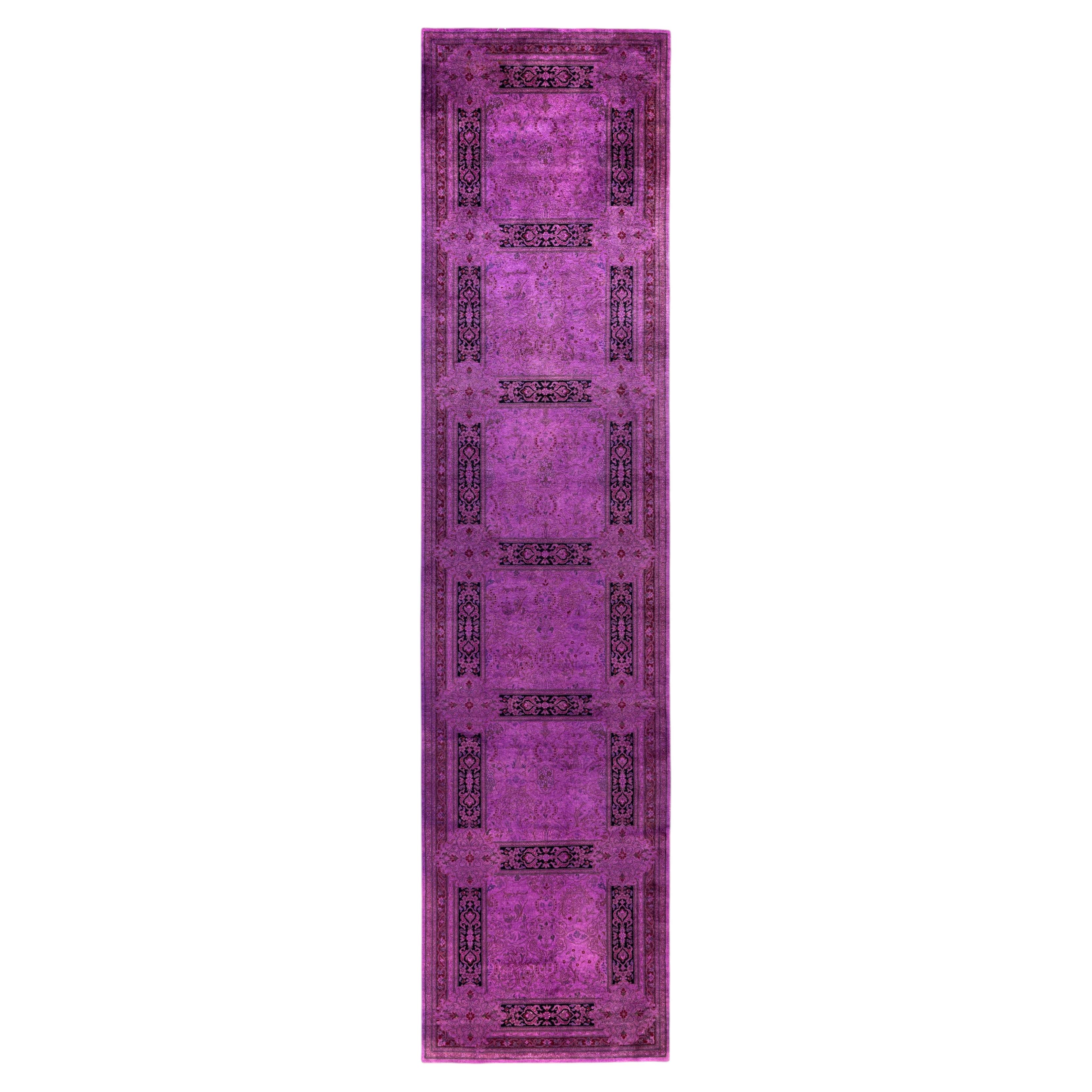 Overdyed Hand-Knotted Wool Modern-Contemporary Purple Runner 3' 0" x 12' 10" For Sale