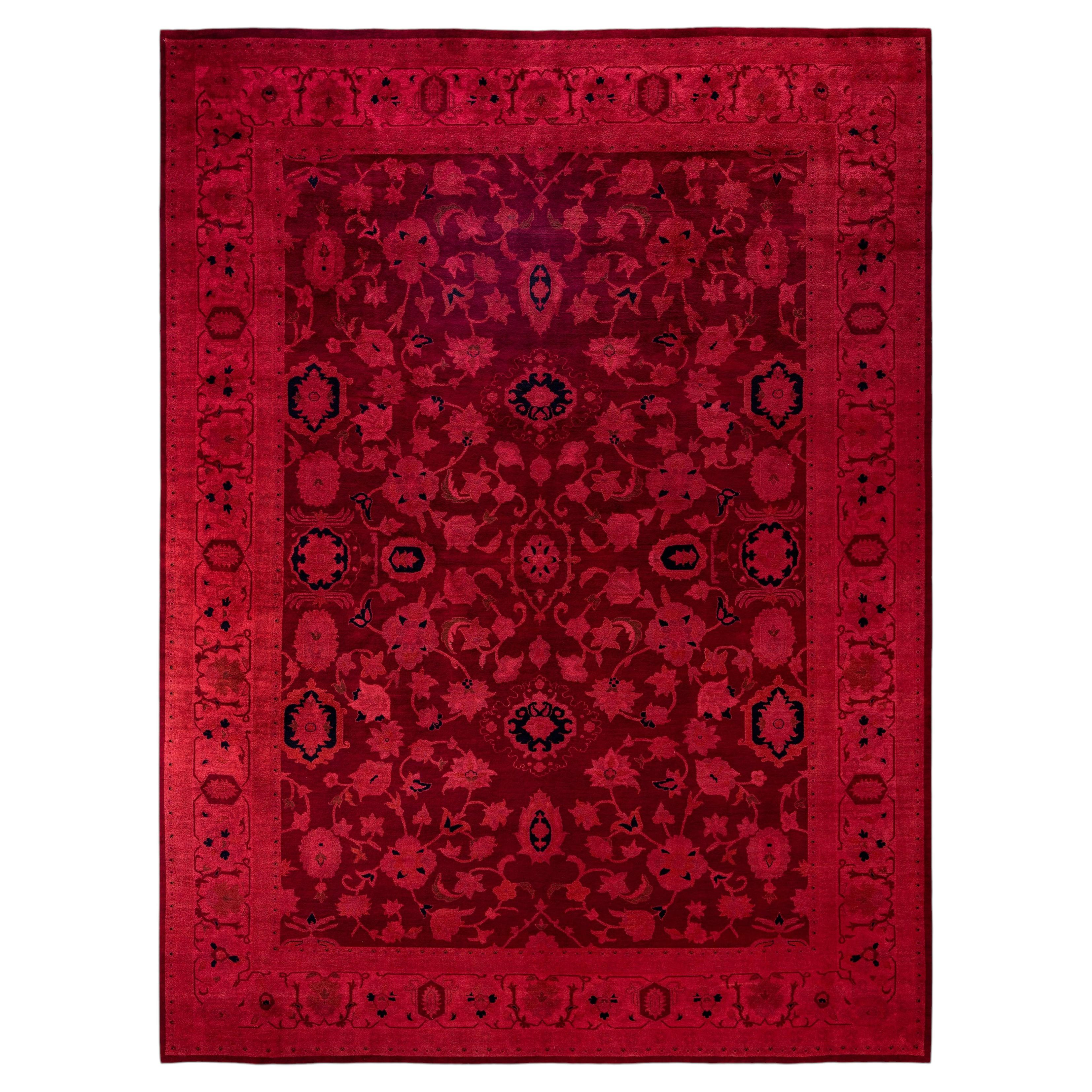 Overdyed Hand-Knotted Wool Modern-Contemporary Red Area Rug 8' 10" x 11' 10" For Sale
