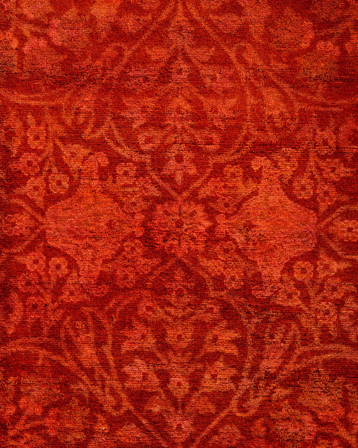 Pakistani Overdyed Hand Knotted Wool Orange Runner For Sale