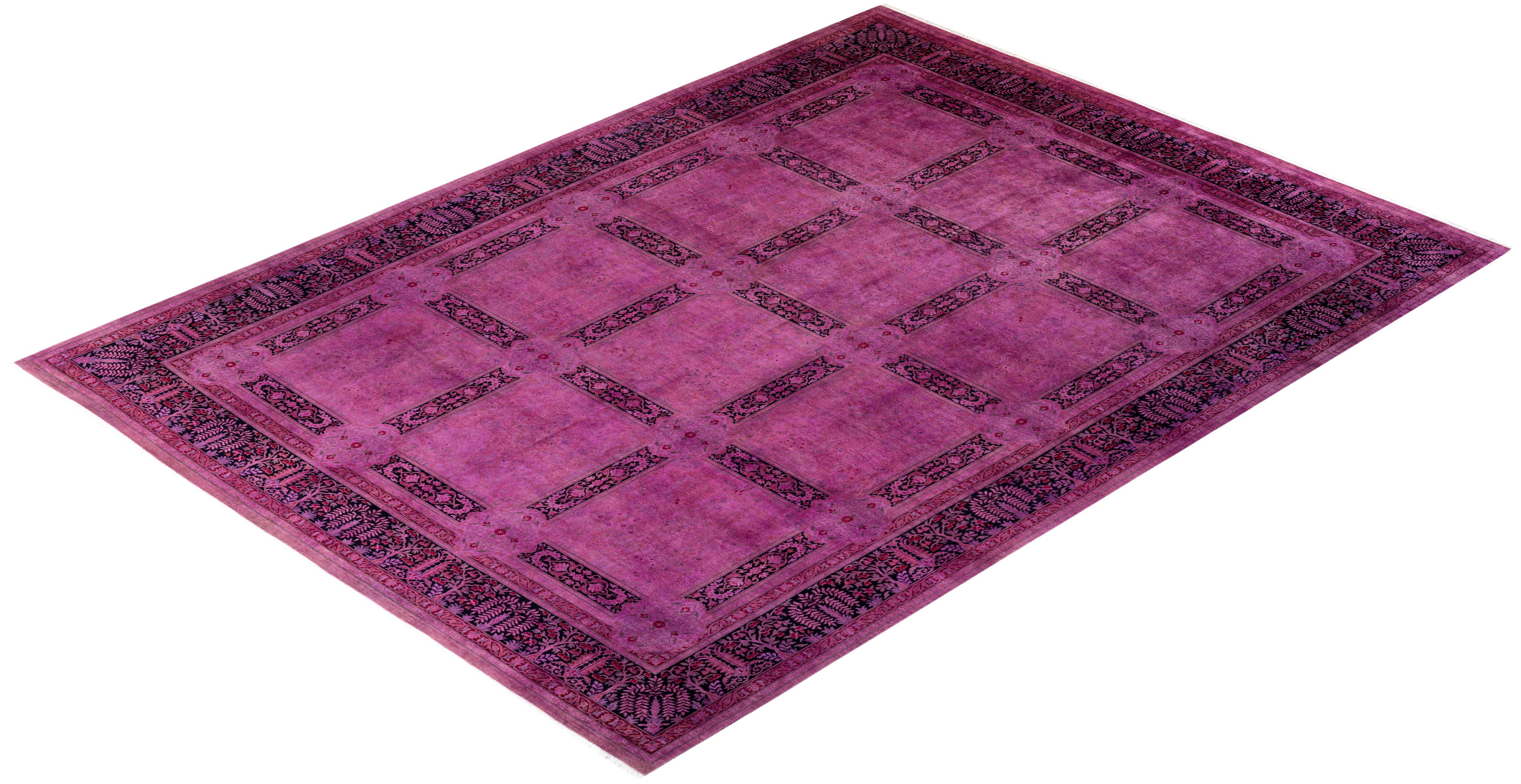 Overdyed Hand Knotted Wool Pink Area Rug For Sale 2