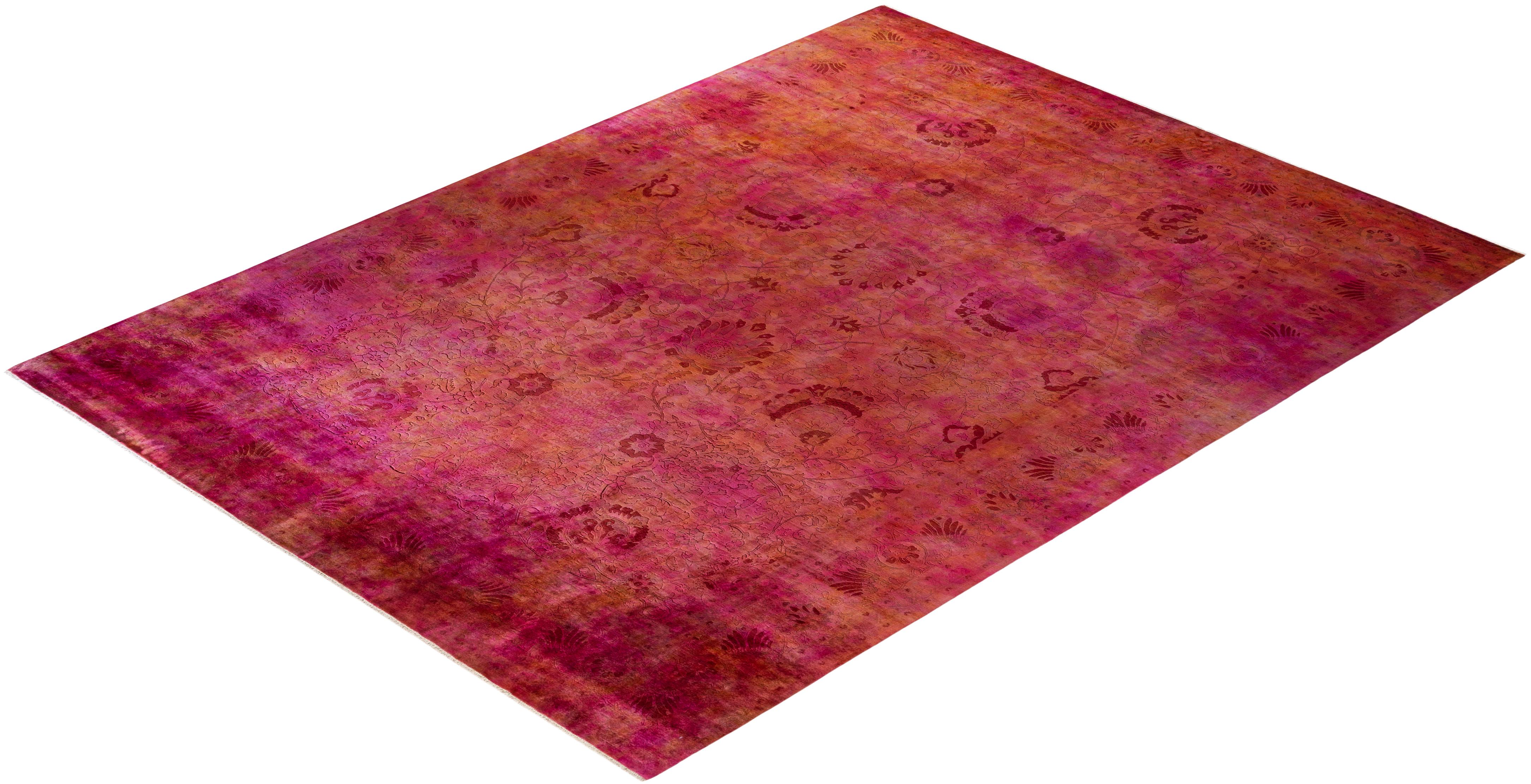 Overdyed Hand Knotted Wool Pink Area Rug For Sale 3