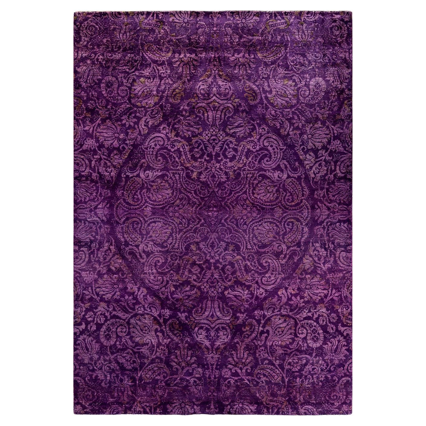 Overdyed Hand Knotted Wool Purple Area Rug For Sale