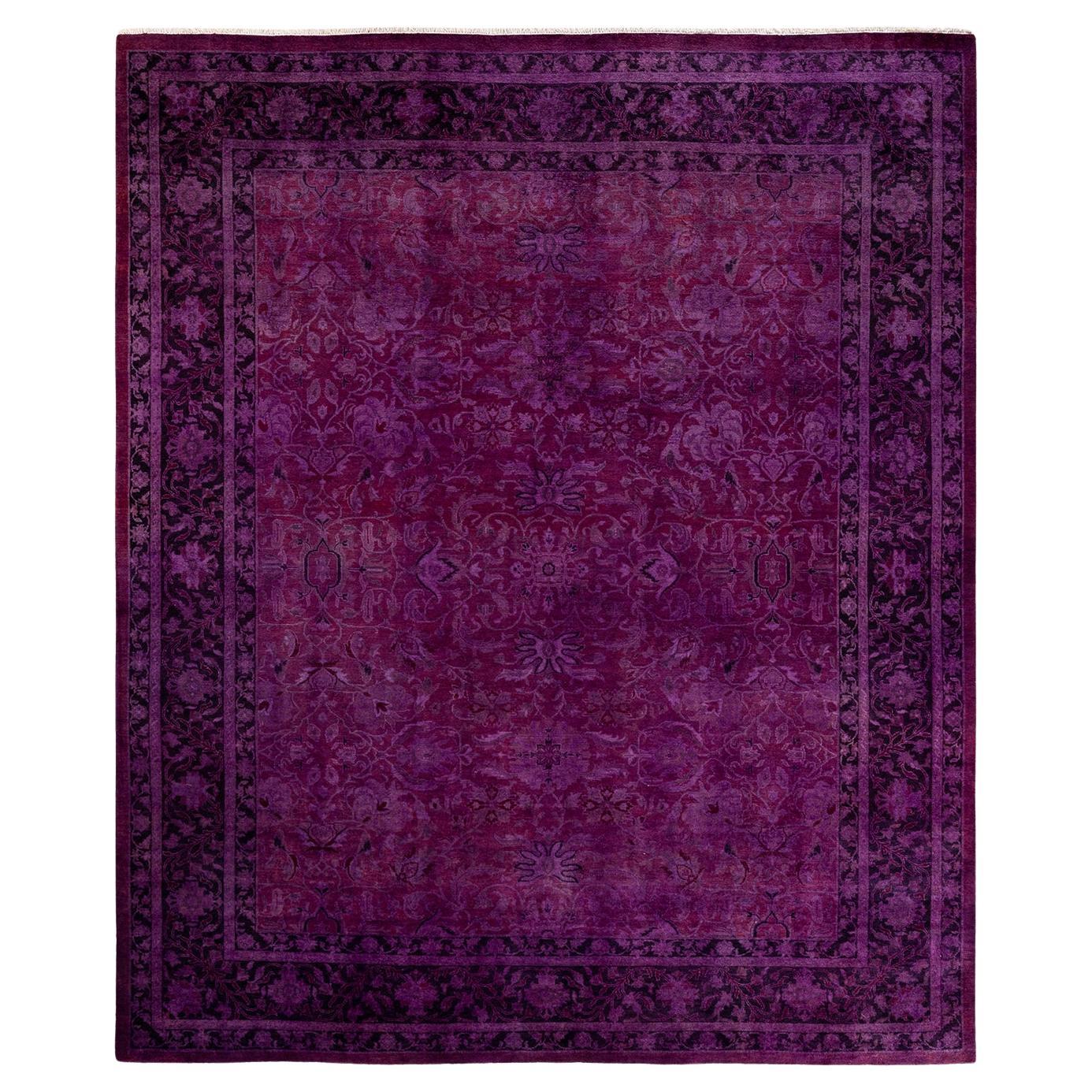 Overdyed Hand Knotted Wool Purple Area Rug For Sale