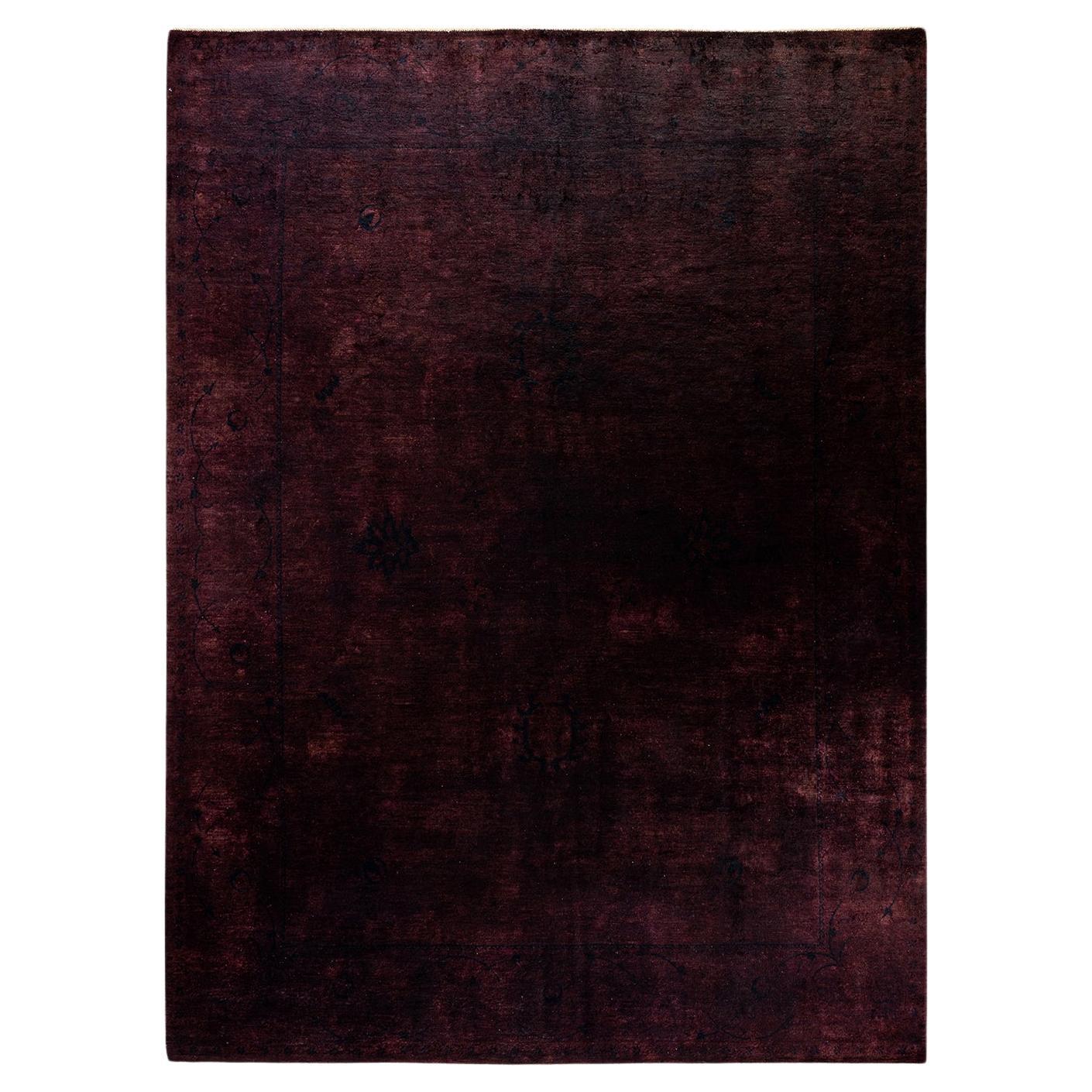 Overdyed Hand Knotted Wool Purple Area Rug For Sale