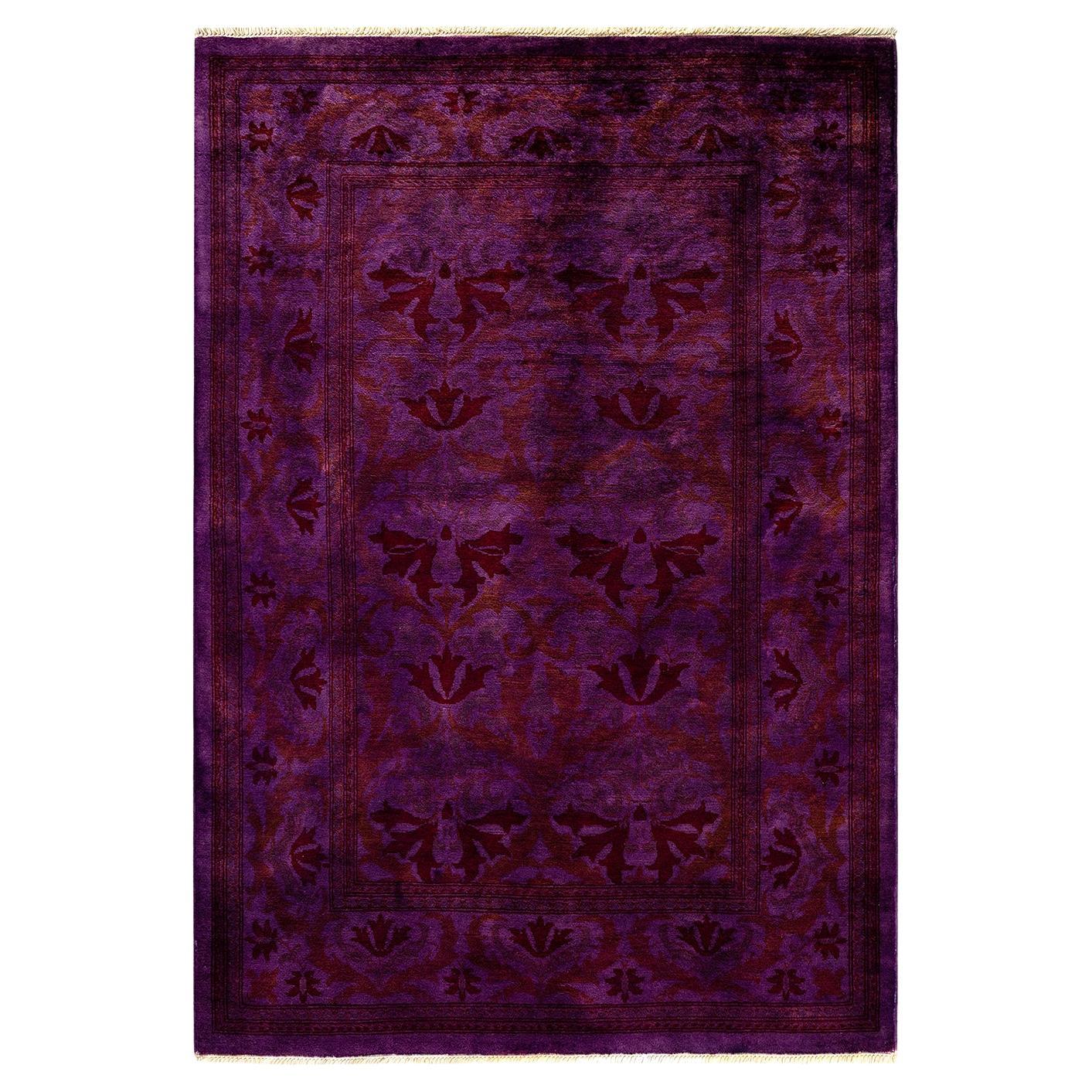 Overdyed Hand Knotted Wool Purple Area Rug