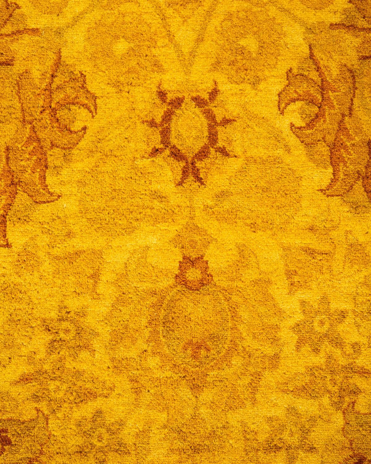 Pakistani Overdyed Hand Knotted Wool Yellow Area Rug For Sale