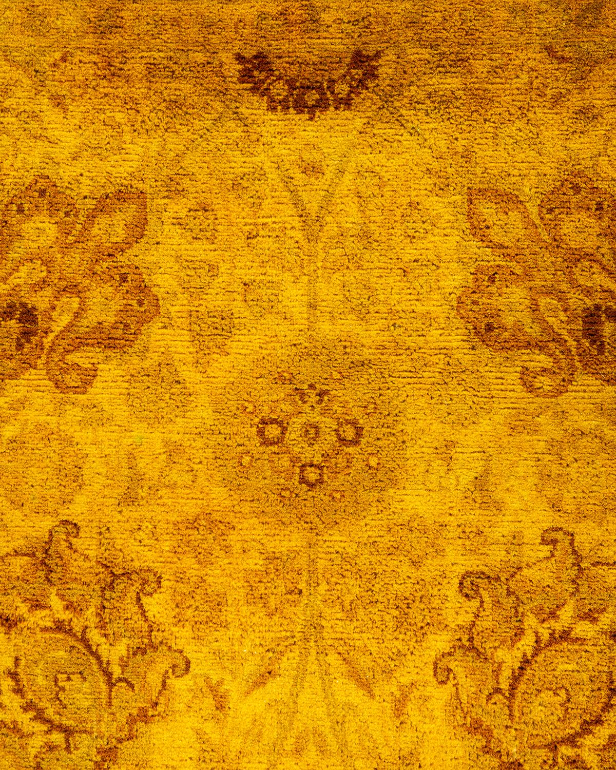 Pakistani Overdyed Hand Knotted Wool Yellow Area Rug For Sale