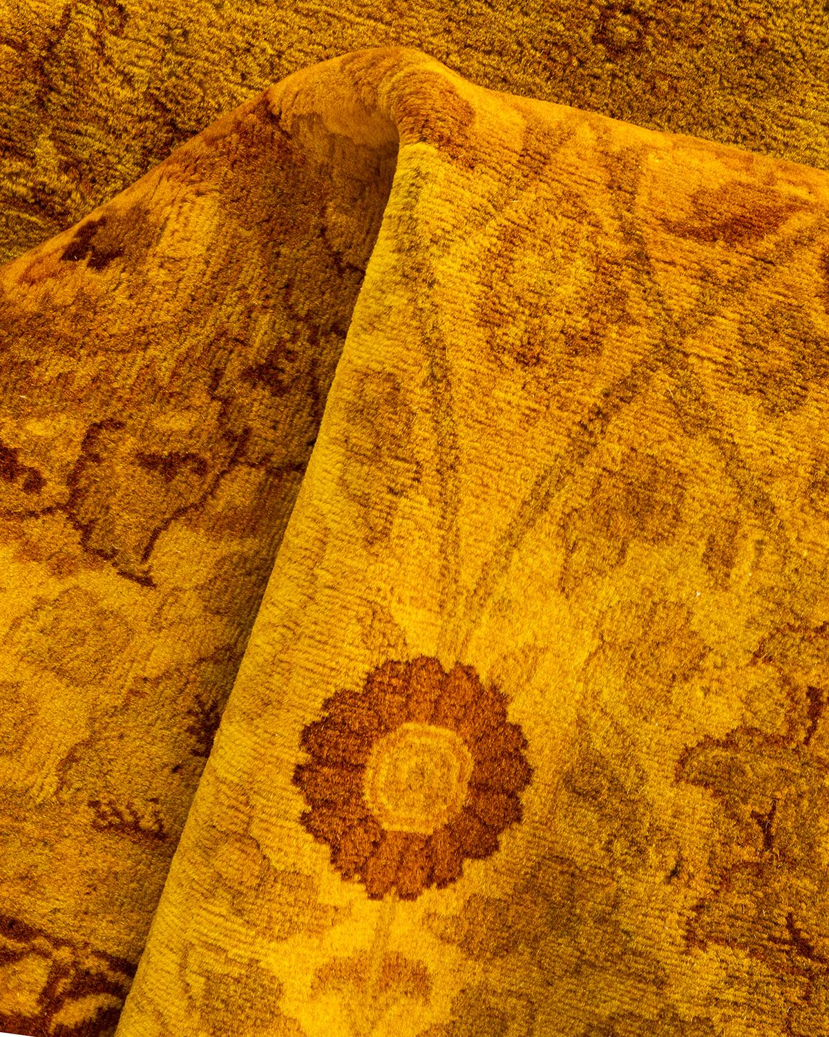 Overdyed Hand Knotted Wool Yellow Area Rug For Sale 2