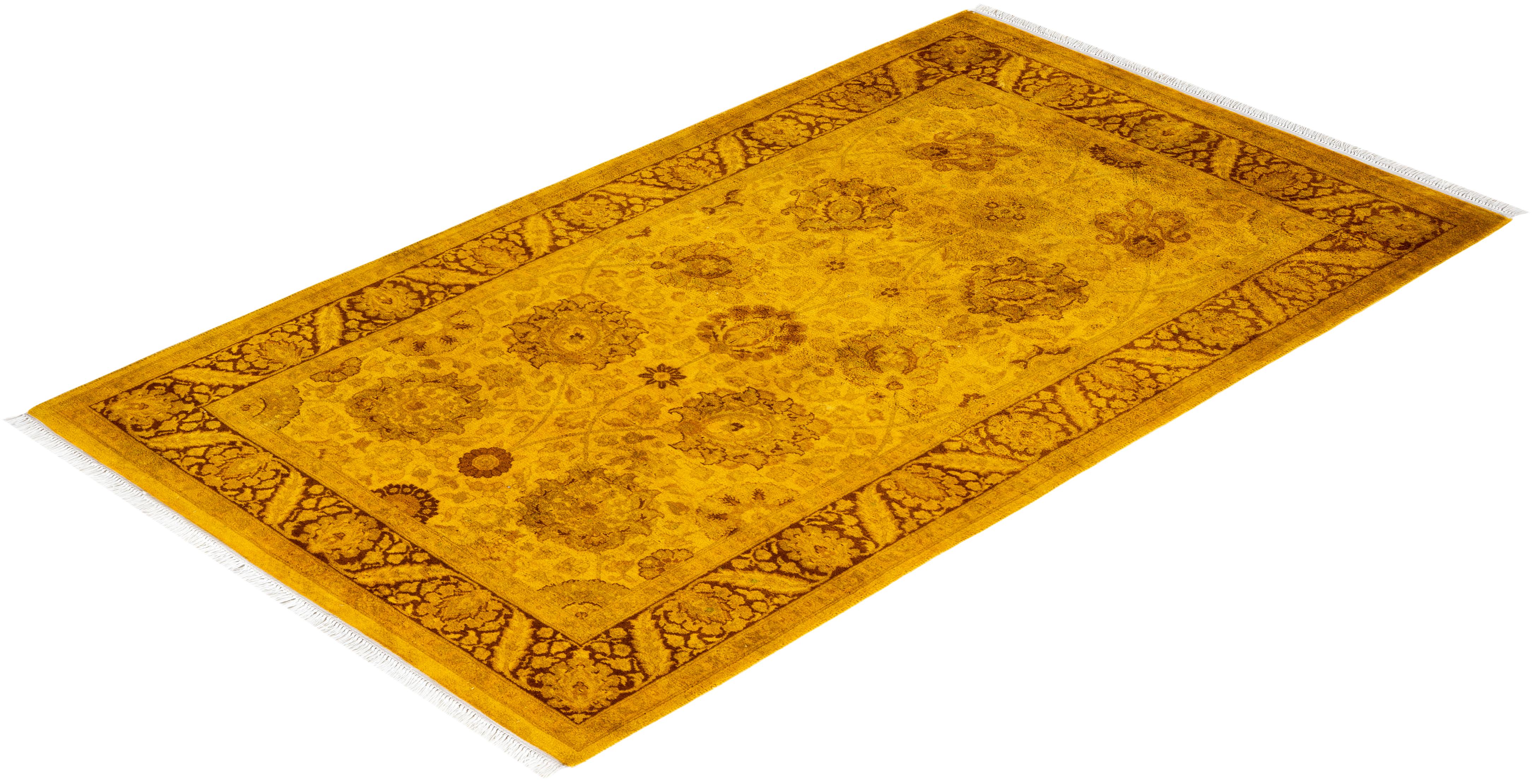 Overdyed Hand Knotted Wool Yellow Area Rug For Sale 3
