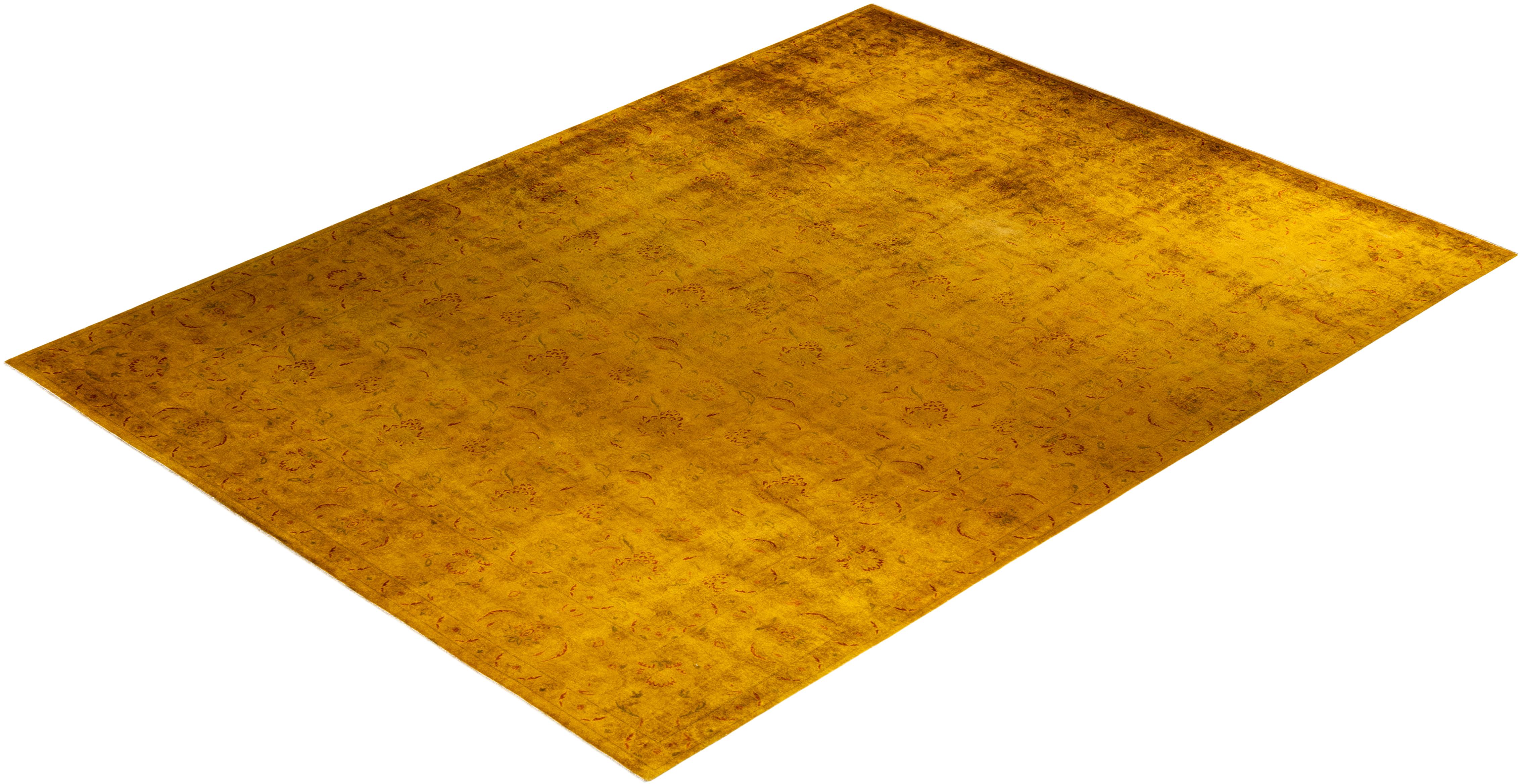 Overdyed Hand Knotted Wool Yellow Area Rug For Sale 3