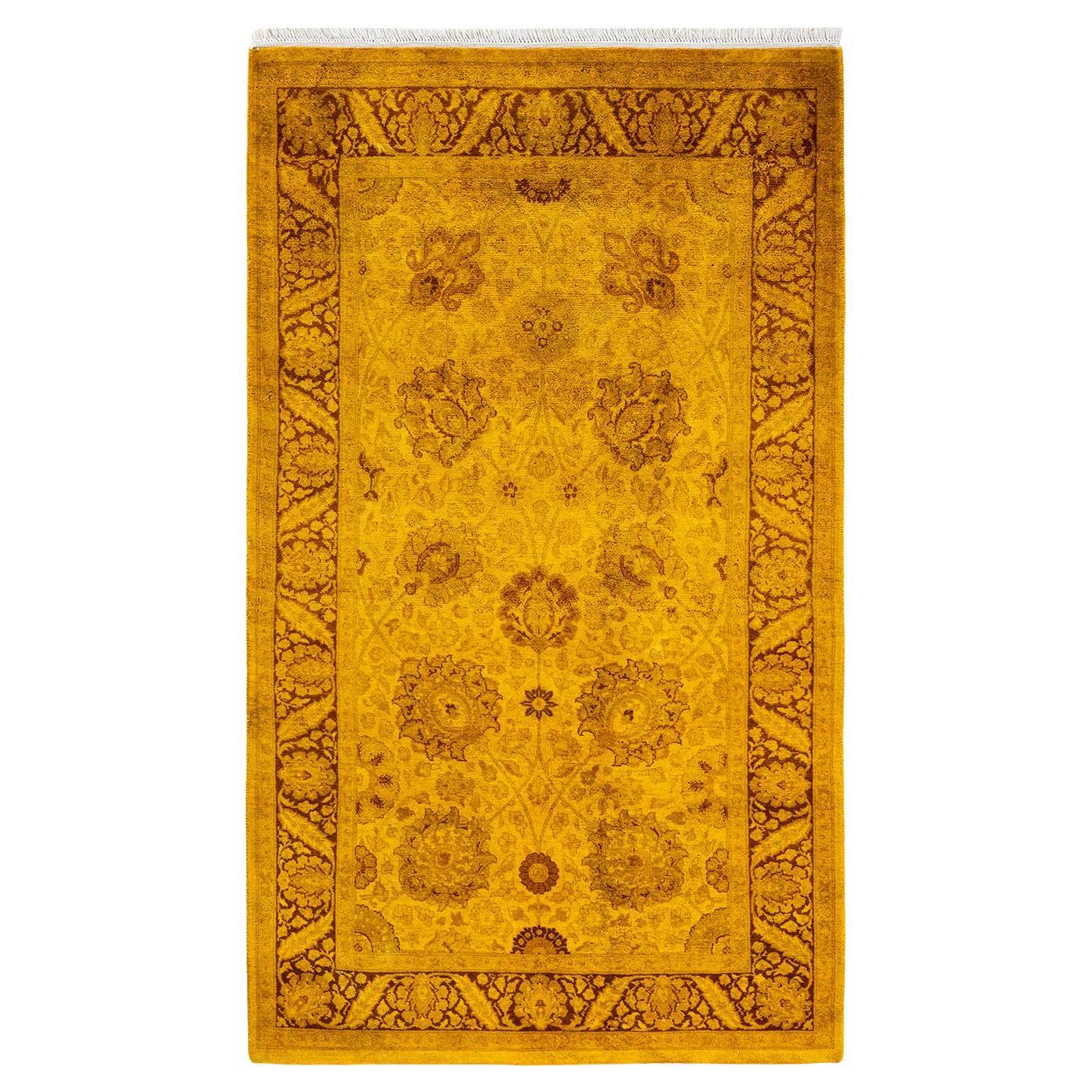Overdyed Hand Knotted Wool Yellow Area Rug For Sale