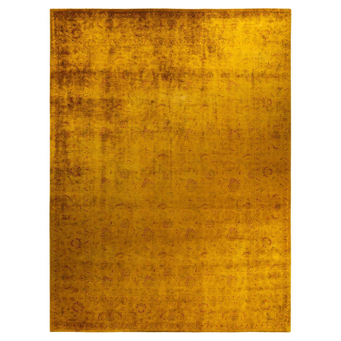 Overdyed Hand Knotted Wool Yellow Area Rug For Sale