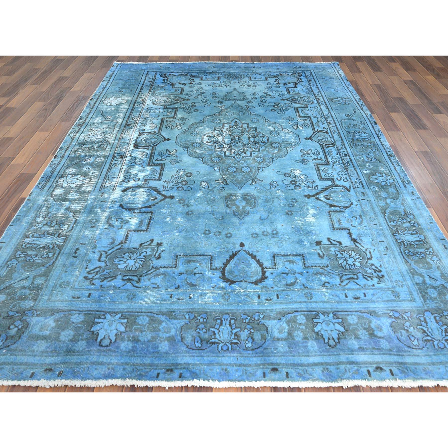 Hand-Knotted Overdyed Light Blue, Vintage Persian Tabriz, Distressed, Wool Hand Knotted Rug