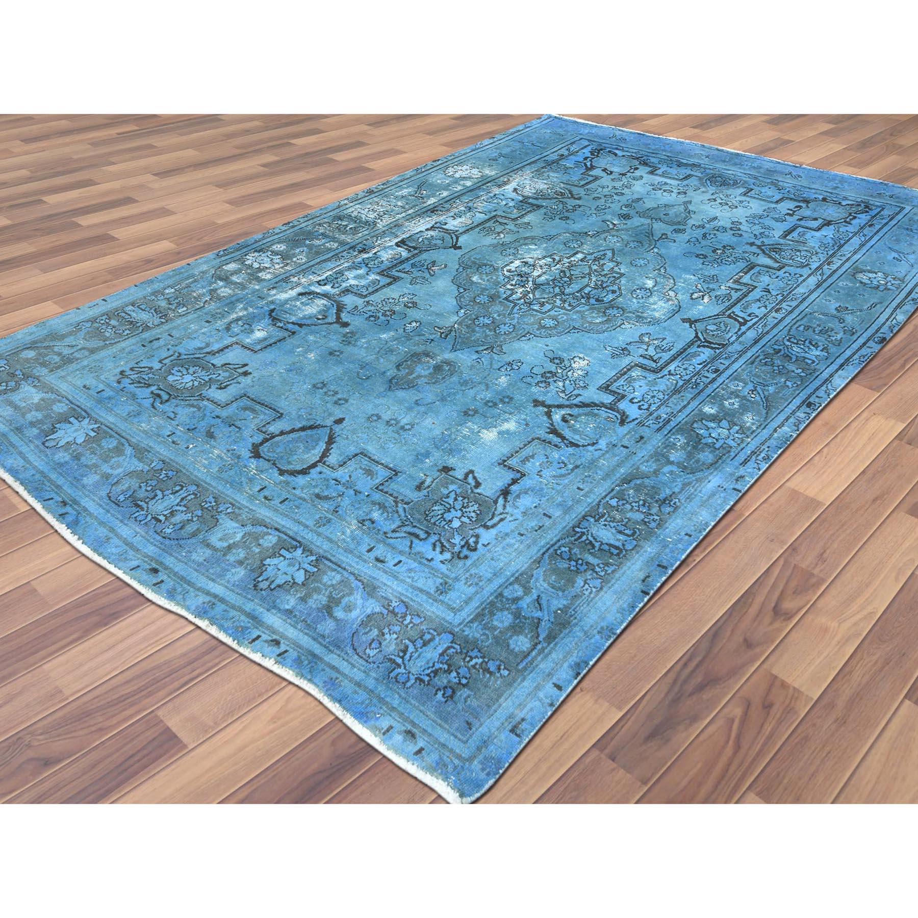 Overdyed Light Blue, Vintage Persian Tabriz, Distressed, Wool Hand Knotted Rug In Good Condition In Carlstadt, NJ