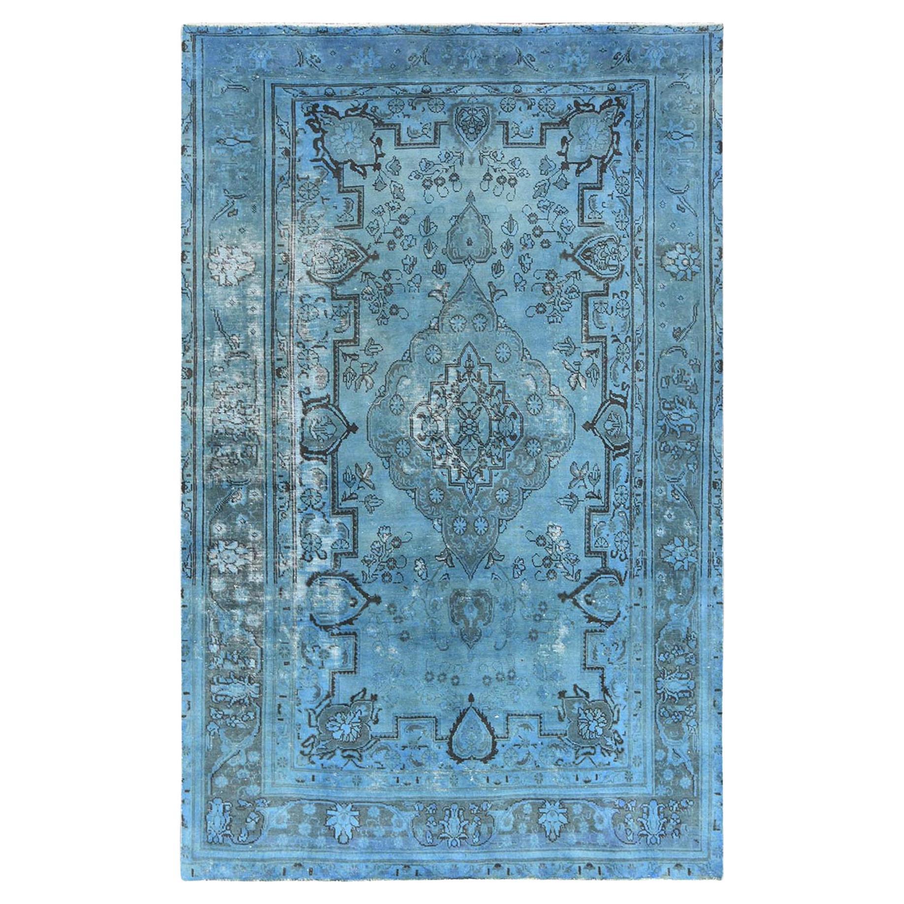 Overdyed Light Blue, Vintage Persian Tabriz, Distressed, Wool Hand Knotted Rug