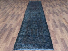 Overdyed Navy Blue Persian Serab Vintage Worn Down Hand Knotted Pure Wool Rug