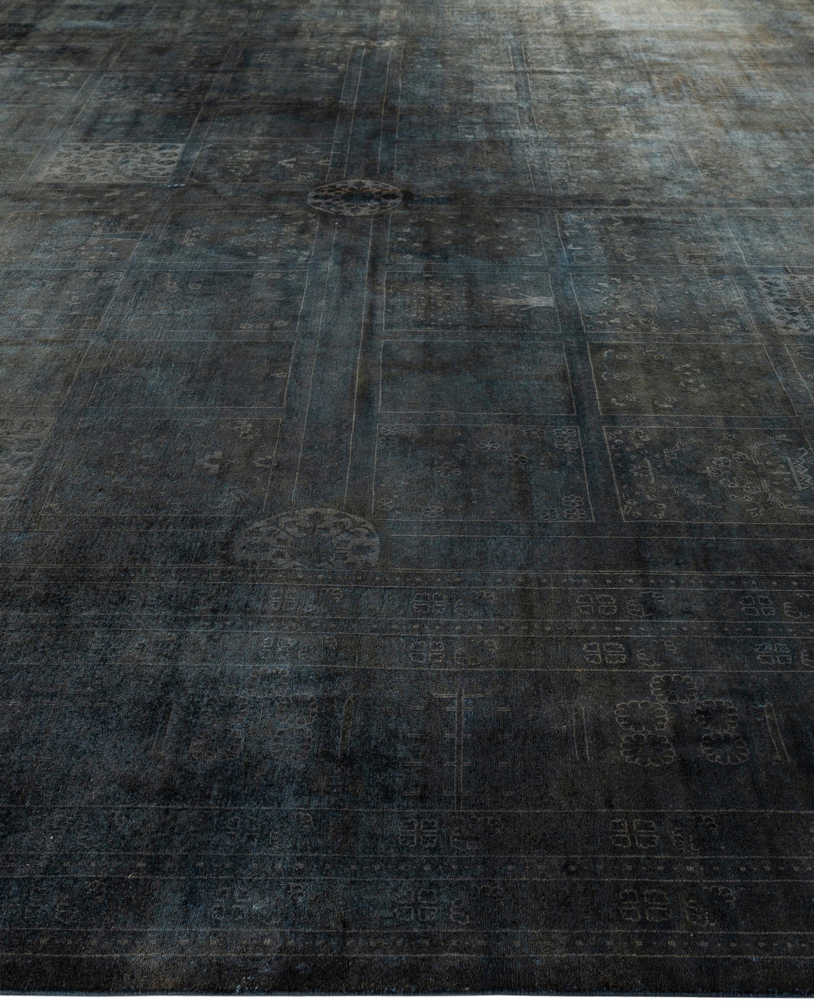 Noué à la main Tapis de zone en laine surteint et unique en son genre, noir 12' 2