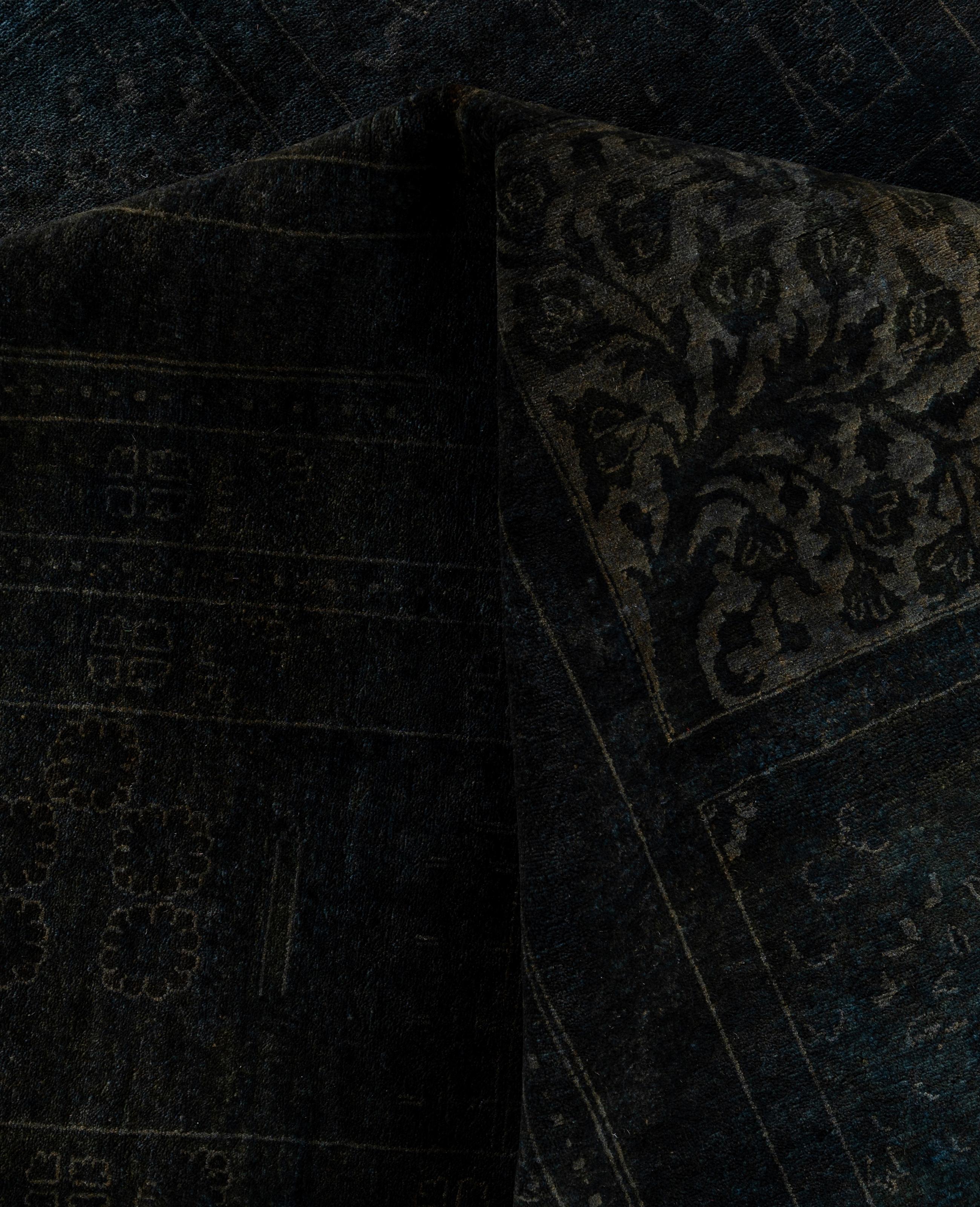 Laine Tapis de zone en laine surteint et unique en son genre, noir 12' 2