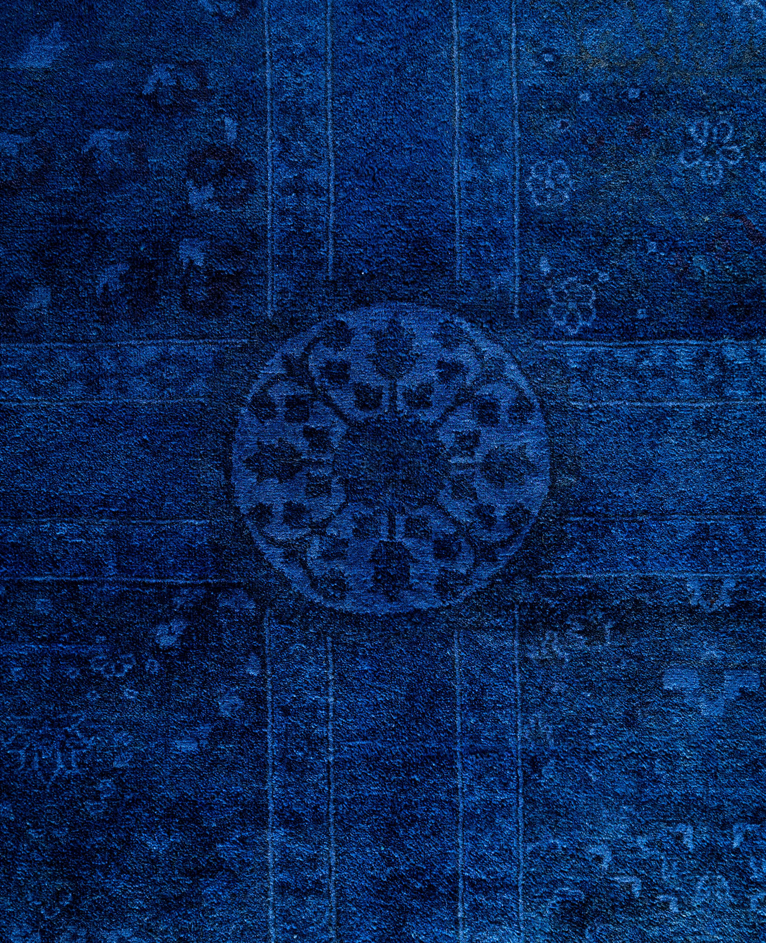 Pakistani Overdyed One-of-a-Kind Wool Blue Area Rug 12' 4