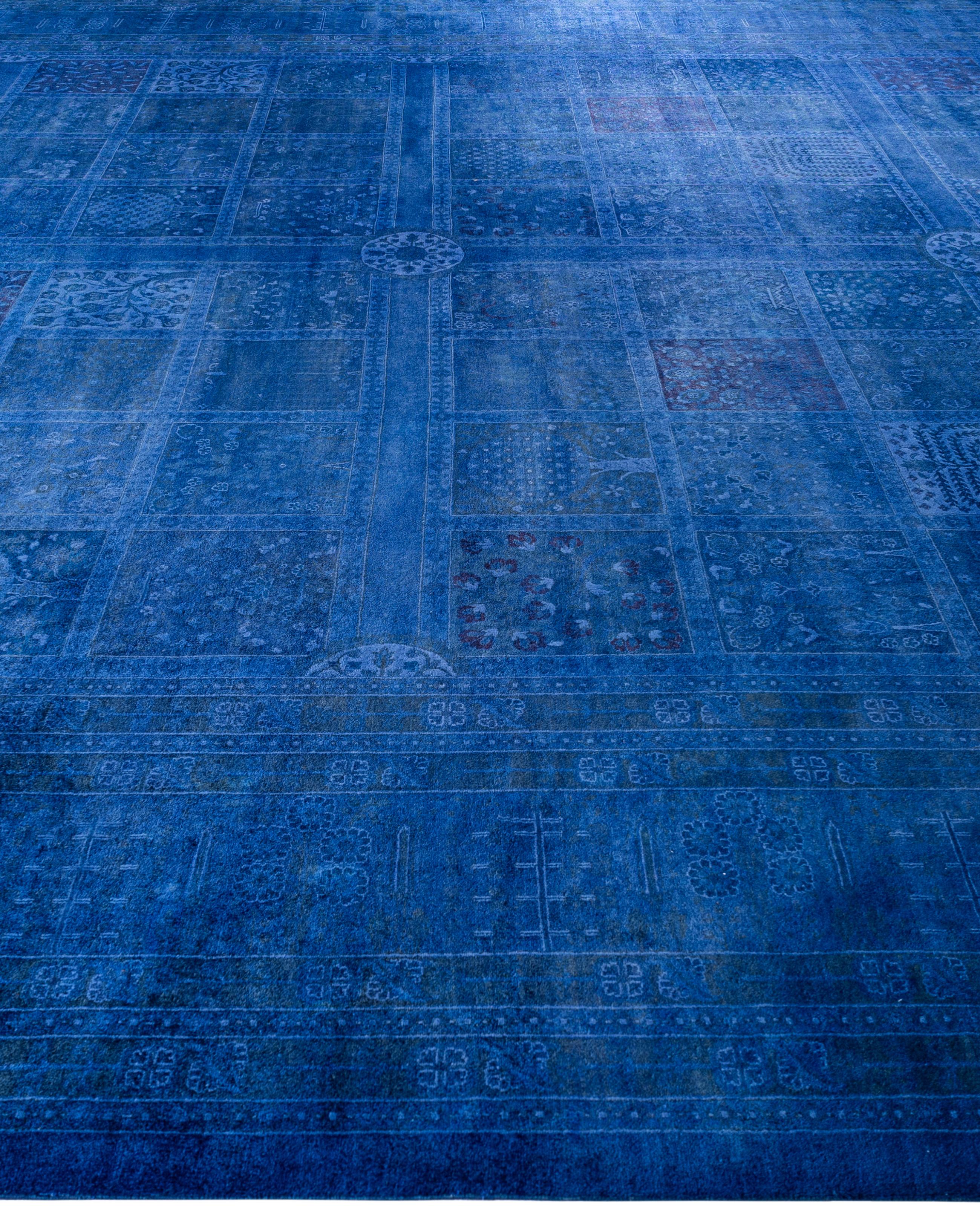 Hand-Knotted Overdyed One-of-a-Kind Wool Blue Area Rug 12' 4