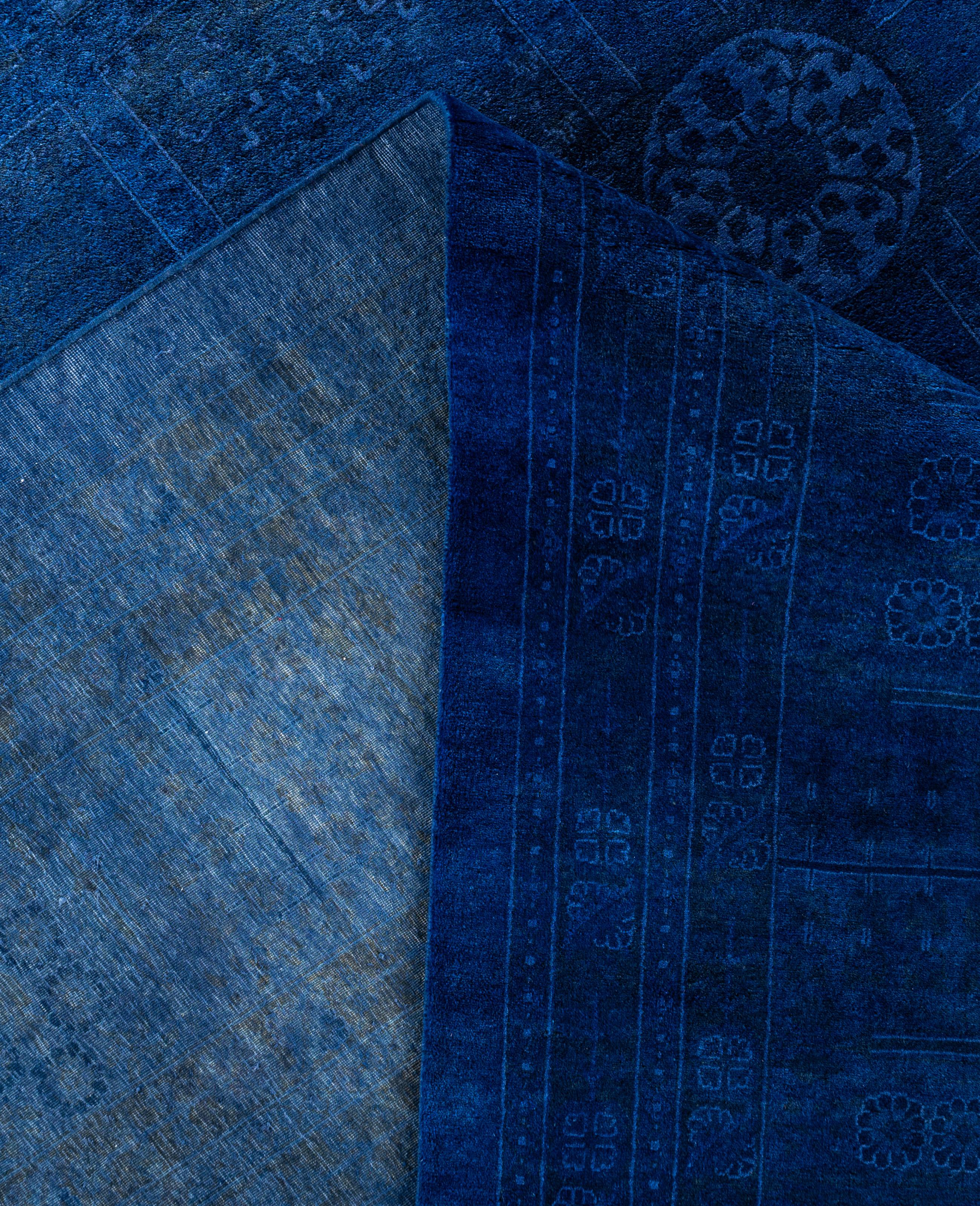 Contemporary Overdyed One-of-a-Kind Wool Blue Area Rug 12' 4