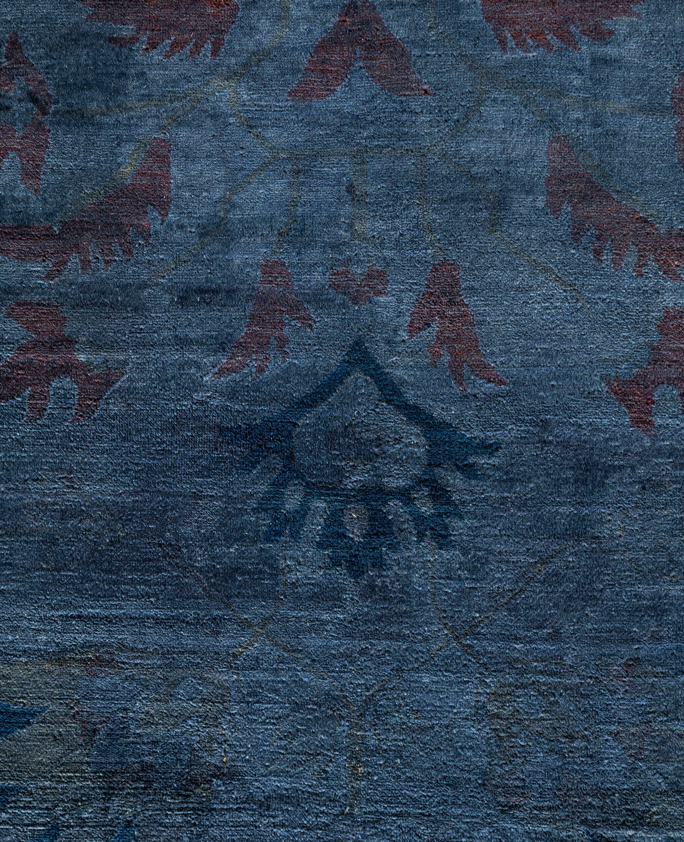 Pakistani Overdyed One-of-a-Kind Wool Blue Area Rug 12' 9